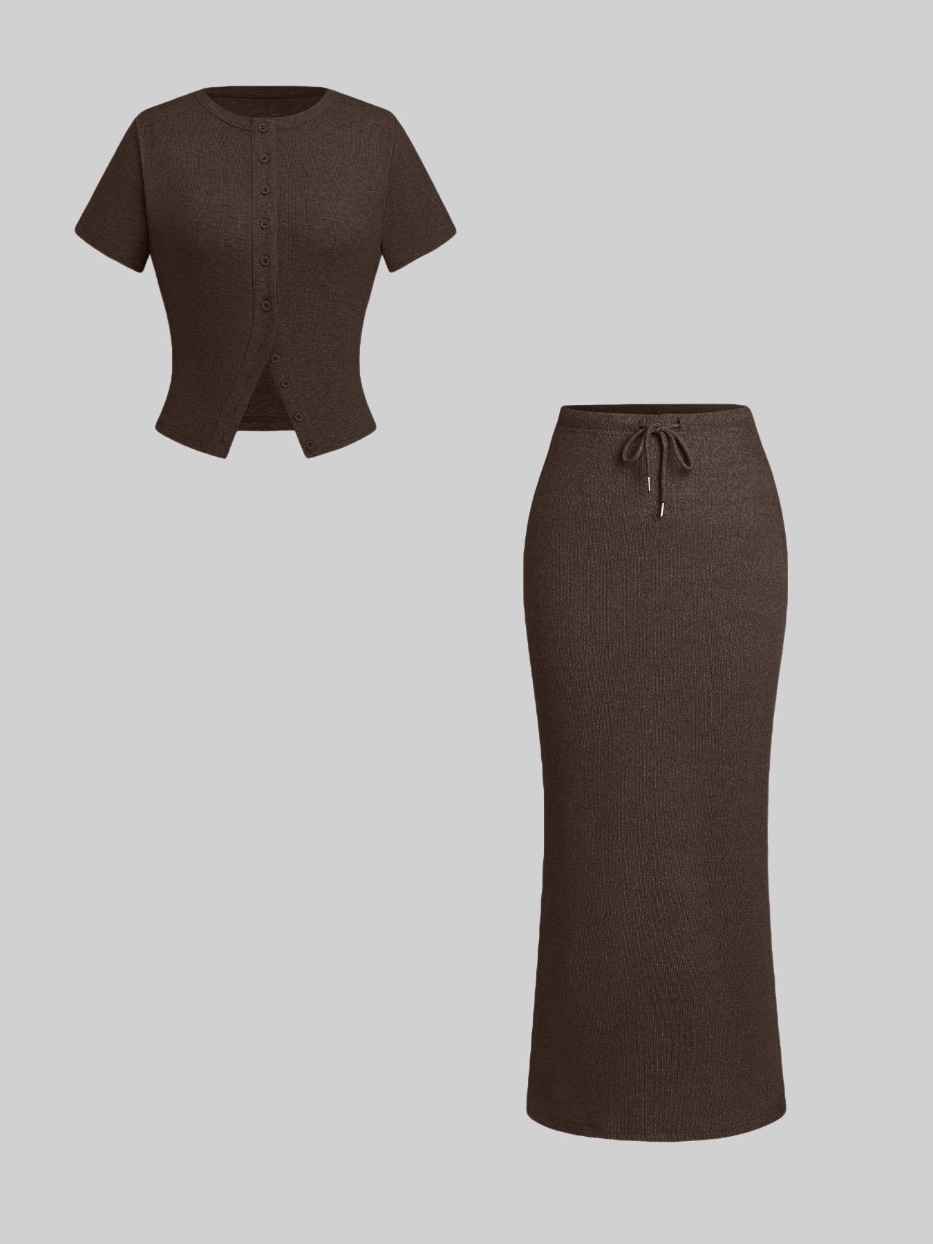 Women's Solid Basic Button Front Tee & Drawstring Split Hem Skirt Two-piece Set, Casual Short Sleeve Round Neck Top & Skirt for Daily Wear, Ladies Two-piece Outfits for All Seasons, Matching Clothing Set Women