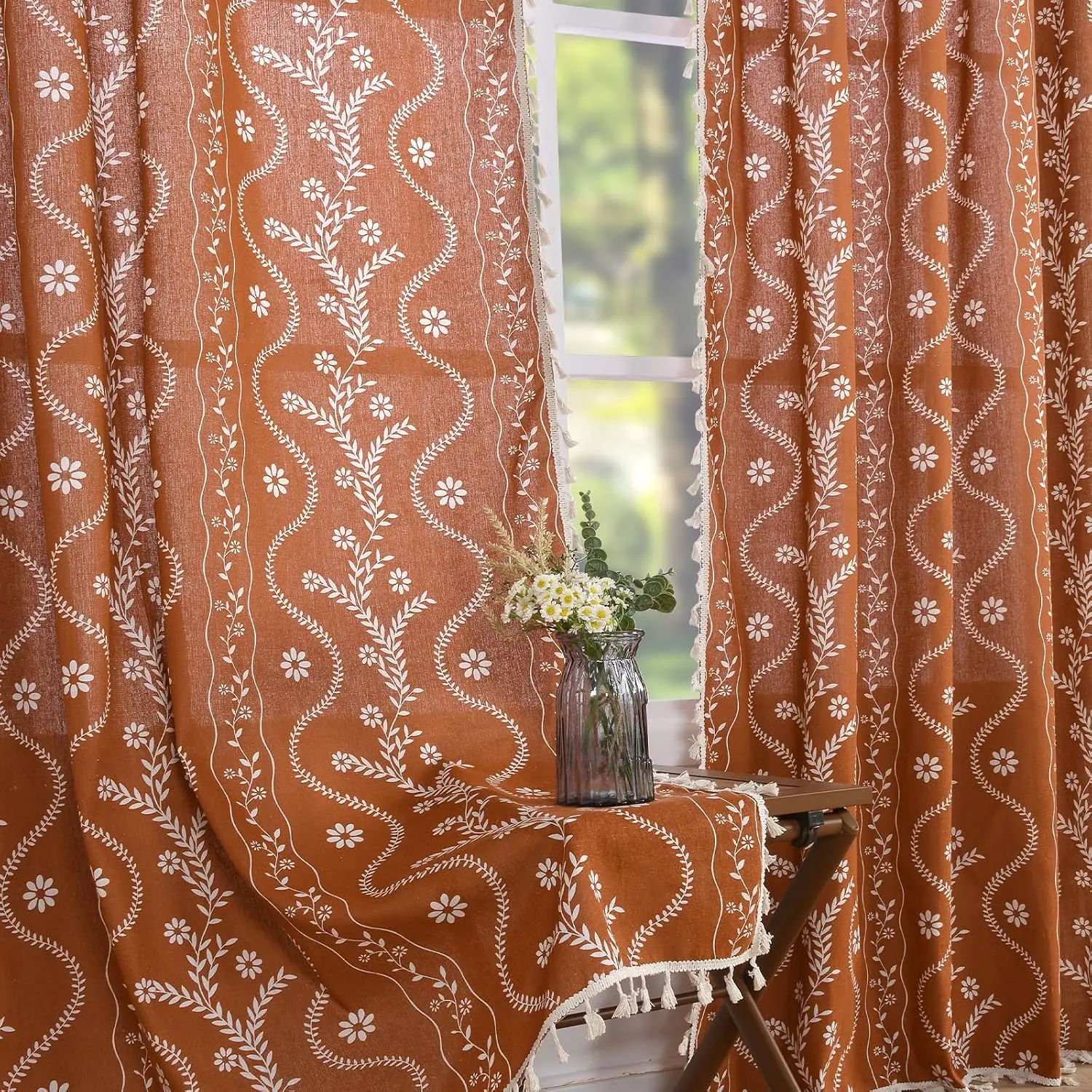 Terracotta Boho Curtains 84 Inches Length 2 Panels for Living Room| Farmhouse Semi Sheer, Vintage Tassel Drapes, Cotton Burnt Orange Floral Curtains for Bedroom, Dining Room, Office
