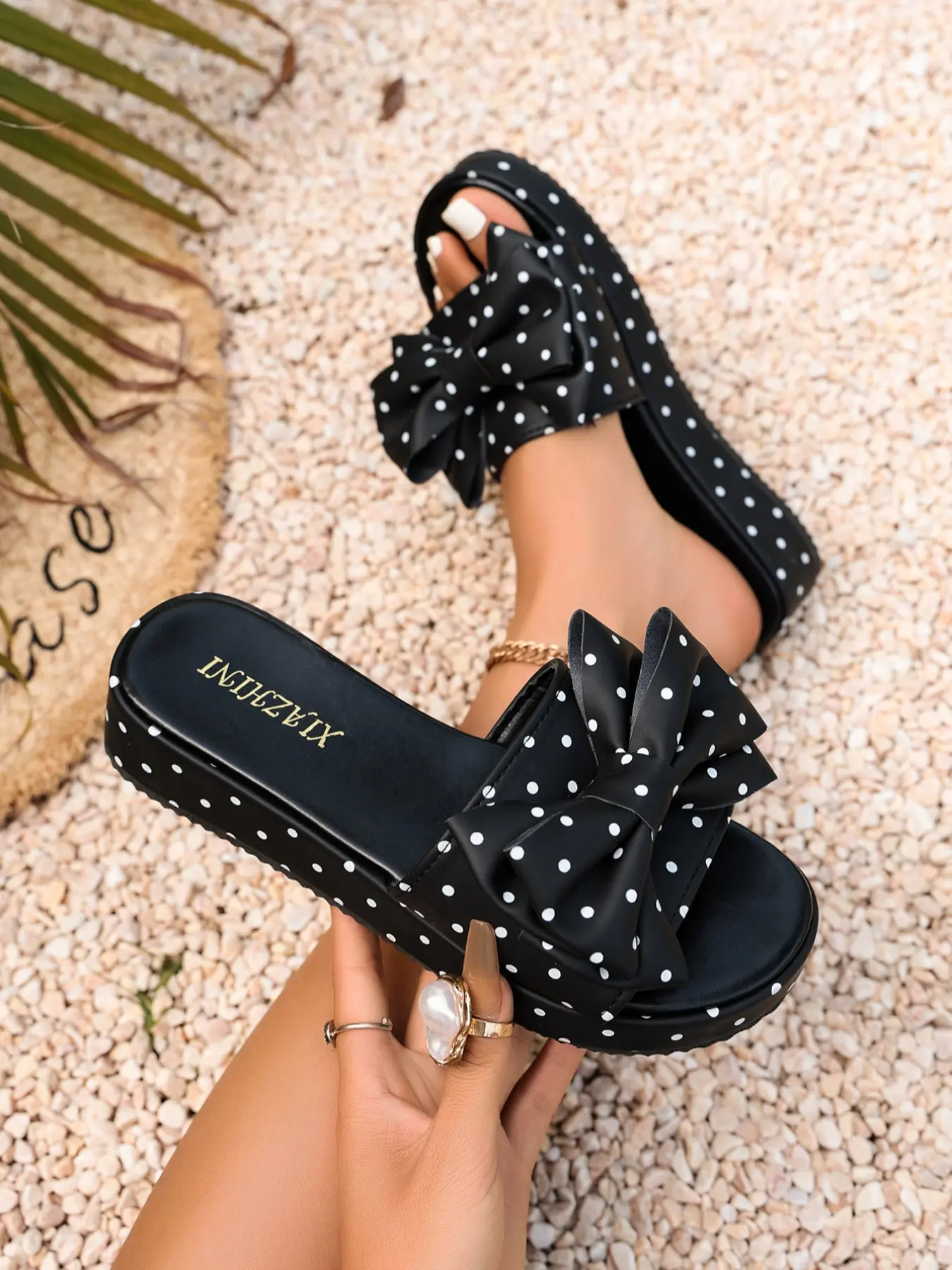 Women's Polka Dot Bow Thick Sole Cute Sandals, Open Toe Slip-On Wedge Shoes, Summer Fashion, Beach Vacation, Casual Wear, Trendy Ladies' Footwear