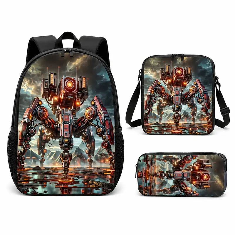 Sci-fi mecha-themed backpacks, handbags, and pencil cases featuring a design of a red heavy mech set against a ruined battlefield backdrop; the high-definition prints are durable and fade-resistant. Features include adjustable shoulder straps and a high-c