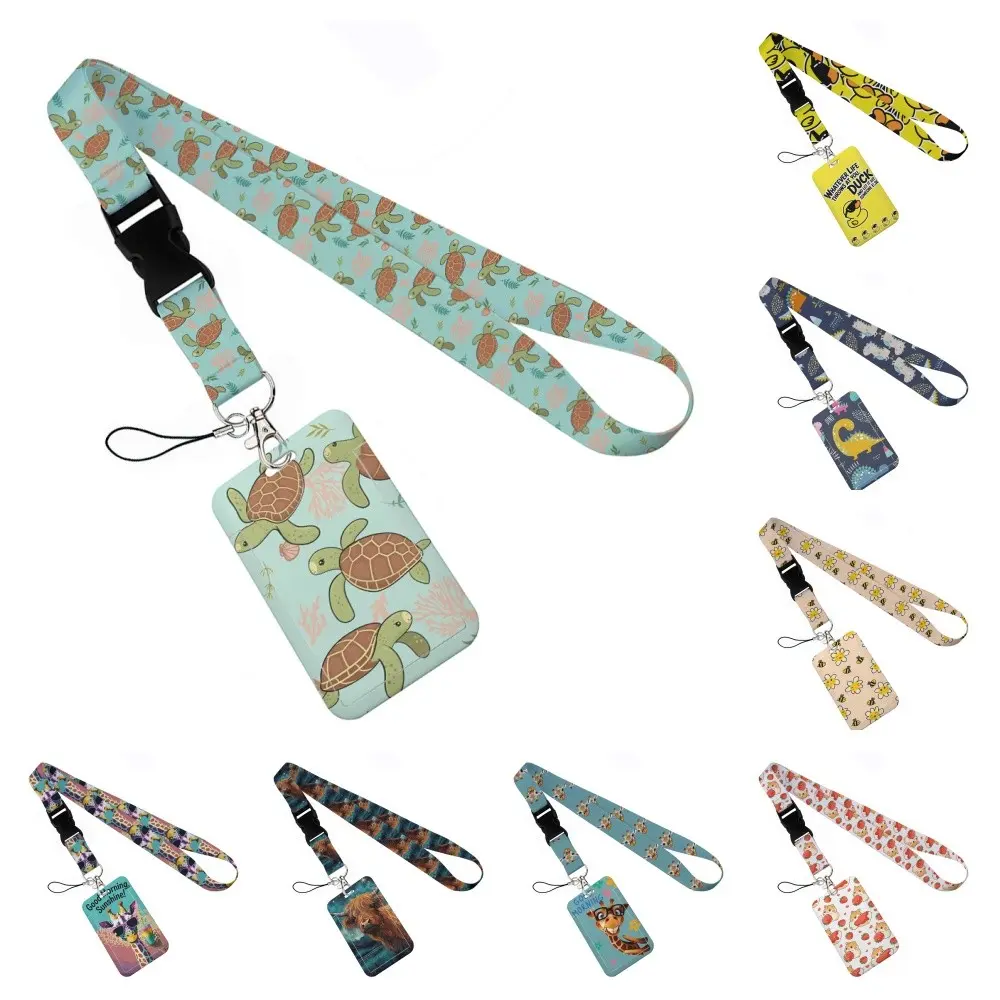 Cartoon Animal Vertical Card Holder Lanyard, Turtle Dinosaur Giraffe Print ID Badge Case, Student Bus Pass Work Name Tag Neck Strap