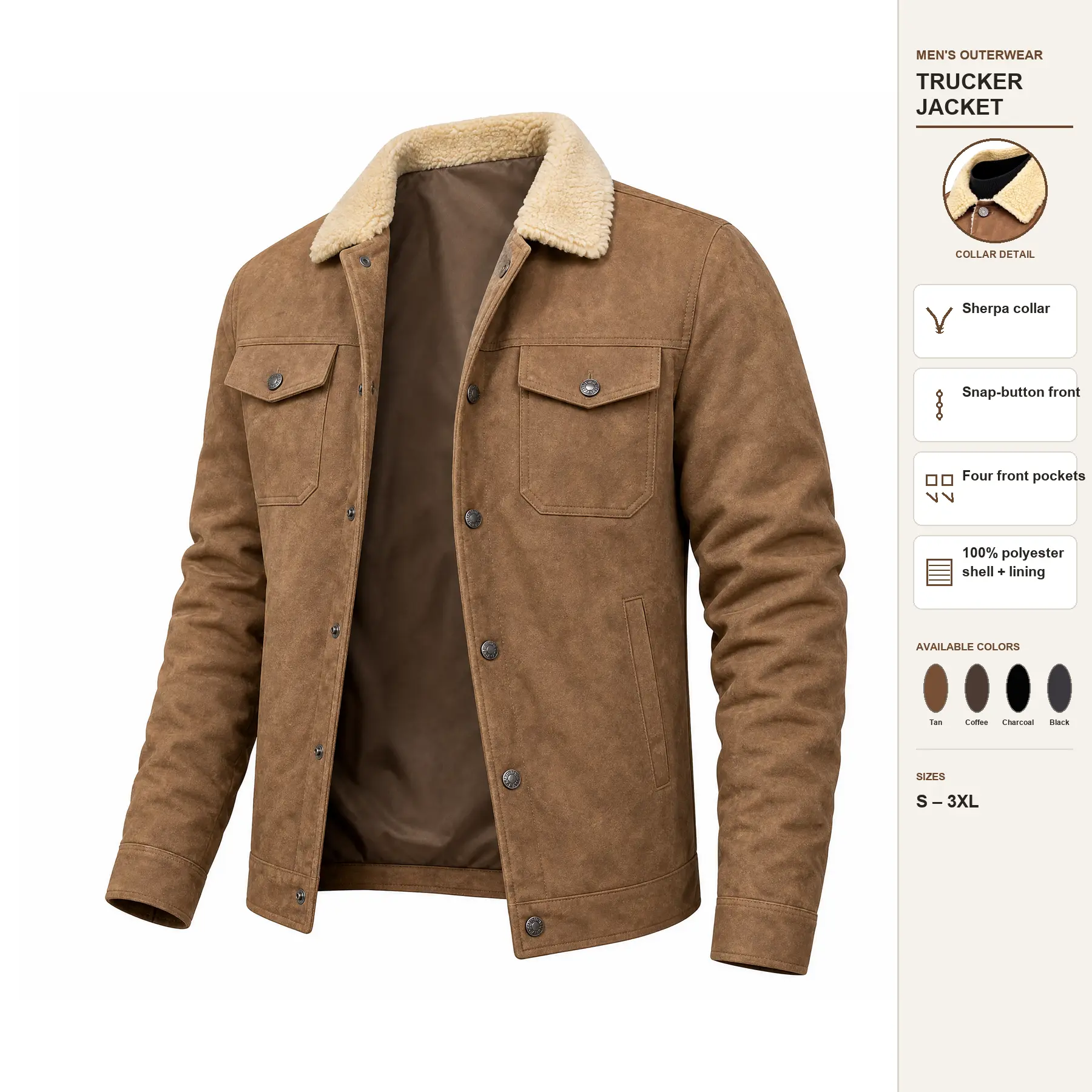Men's 100% Poly Sherpa Turn-Down Collar Trucker Jacket - Snap-Button Front, Snaps-Flaps Dual Chest Pockets, Side Hand Pockets for Fall, Winter