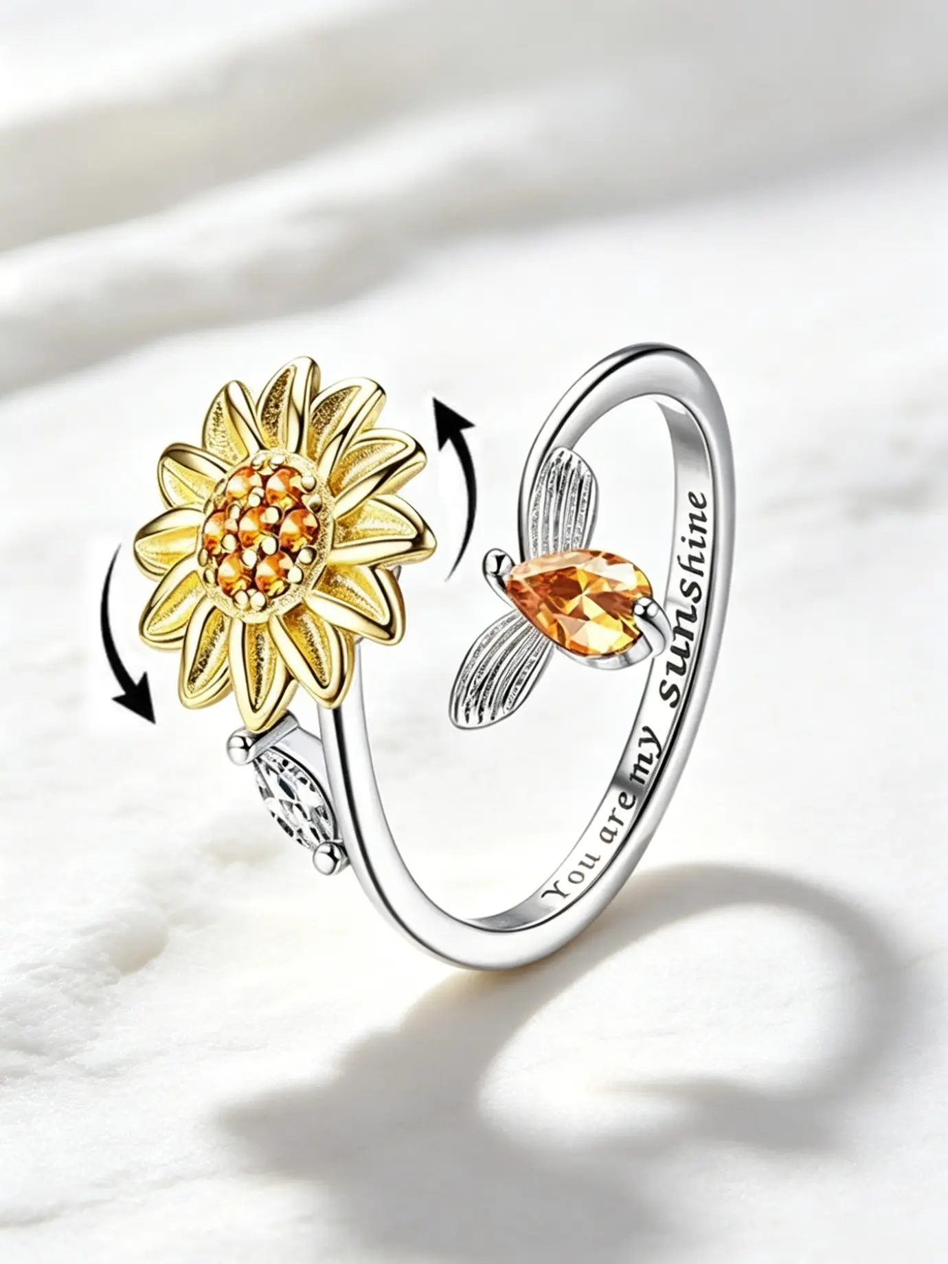 Women's Fidget Ring, Anxiety Relief Band, Mirror Polish, Sunflower Moon Star Design, Stress Release, Hope Peace Positive Energy Jewelry, Stress Relief Rings