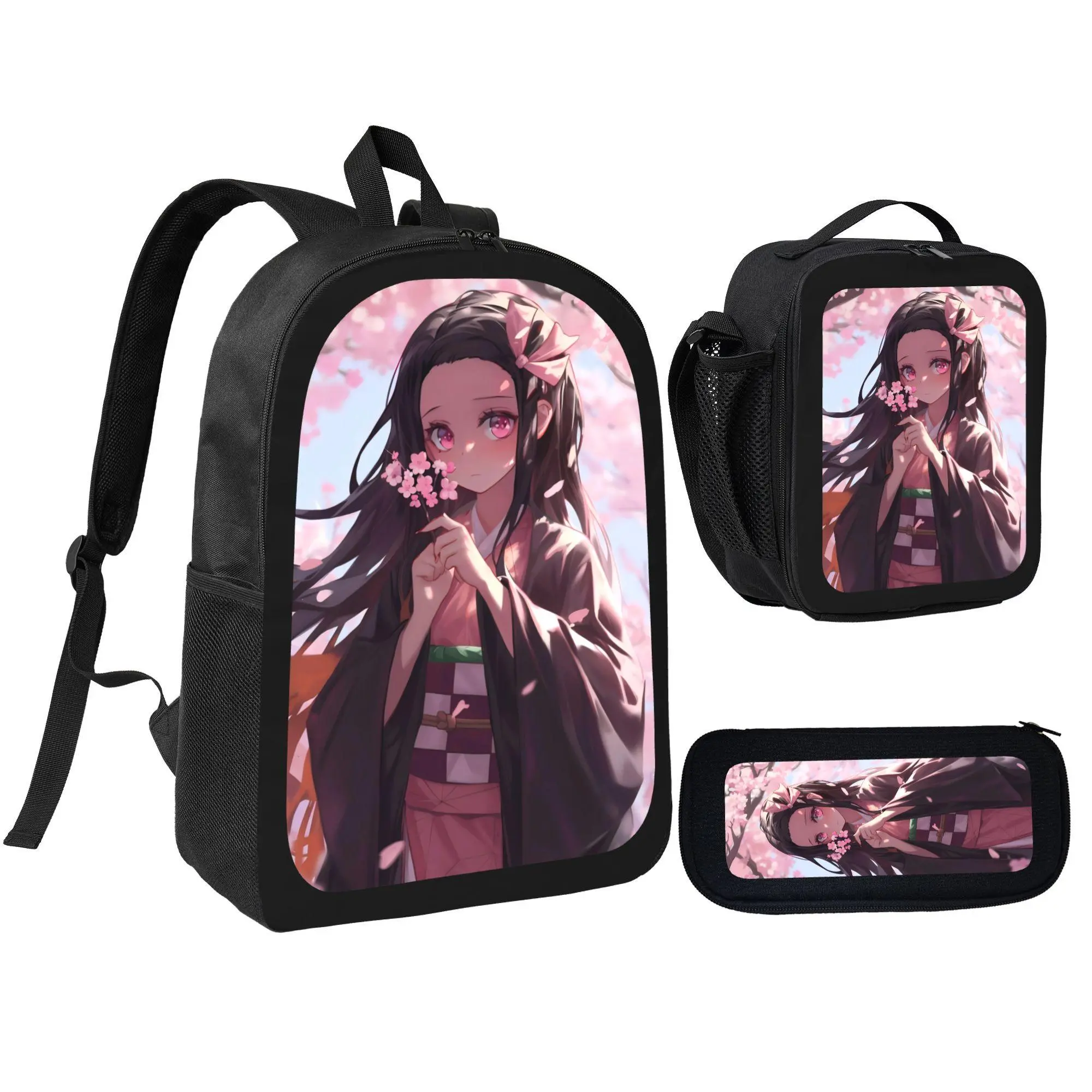 Unisex Graphic Cartoon Demon Slayer Collaboration Bookbag - Student School Backpack 3-Piece Set with Lunch Bag and Pencil Case, Black