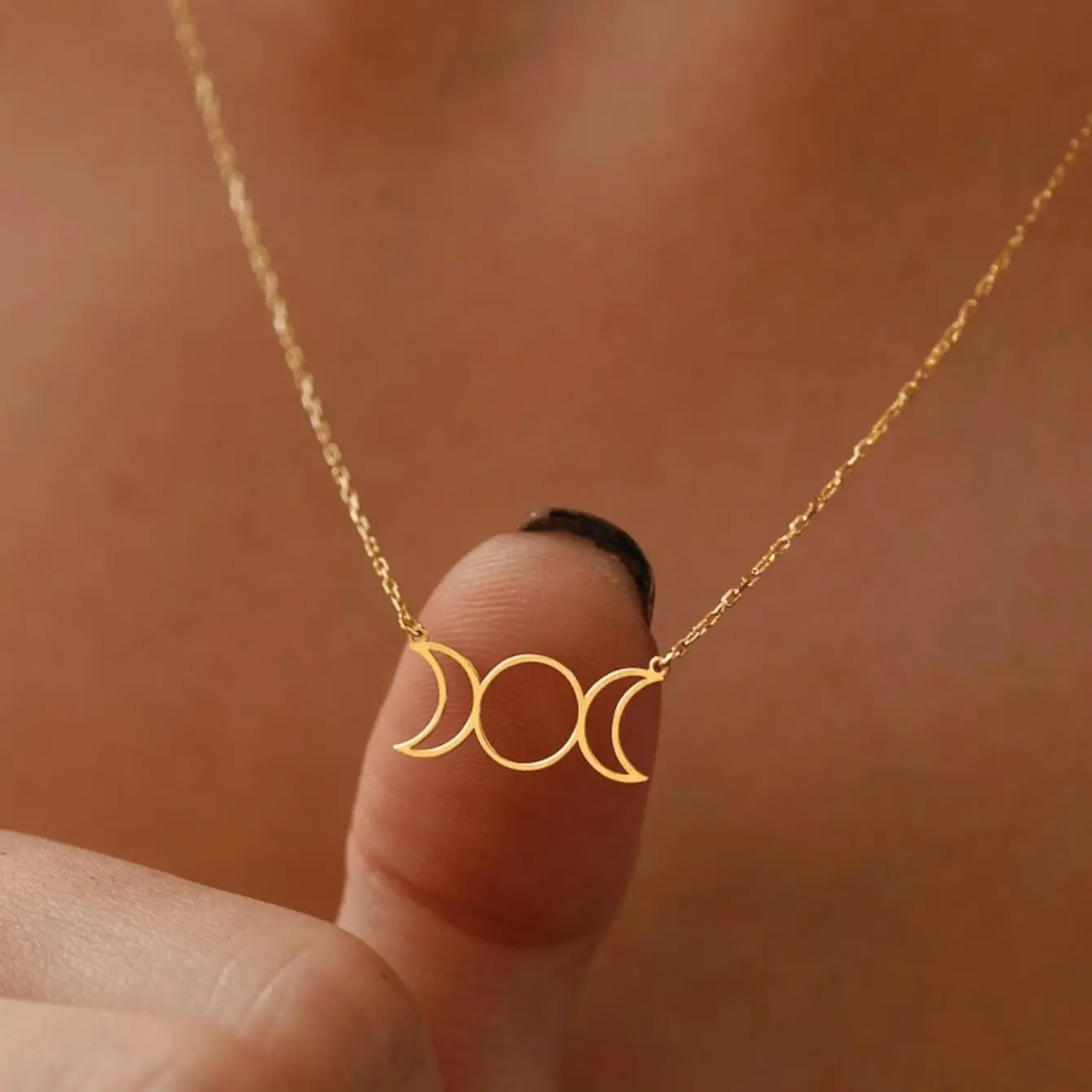 Dainty Triple Moon Necklace for Women, Boho Minimalist Moon Phase Pendant with Adjustable Lightweight Chain for a Collarbone Fit, Boho Minimalism