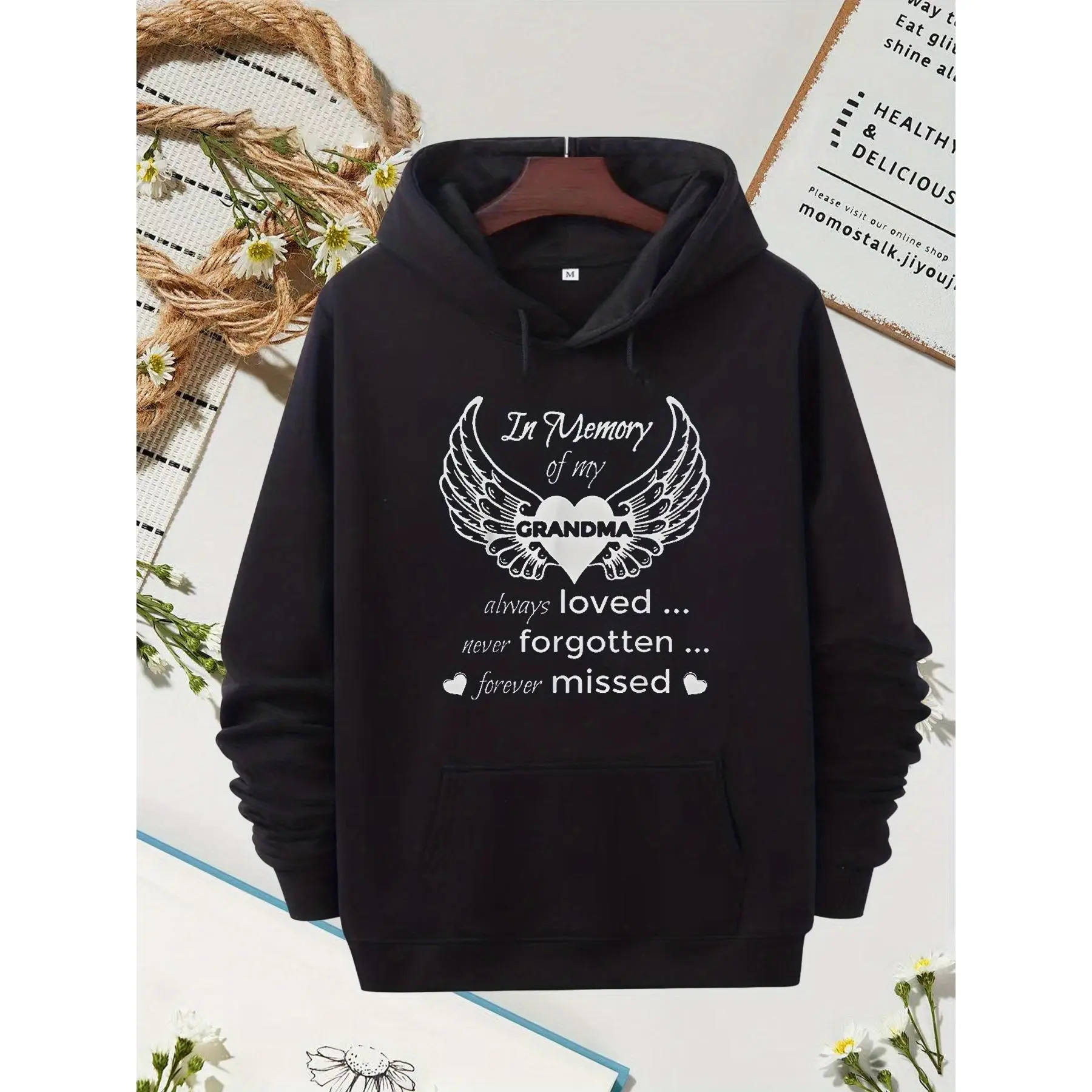 Men's Cotton Memorial Grandma Portrait Print Hoodie - Menswear Sports Tops, Machine Washable Winter Knitwear, Bereavement Gift Keepsake Sweatshirt