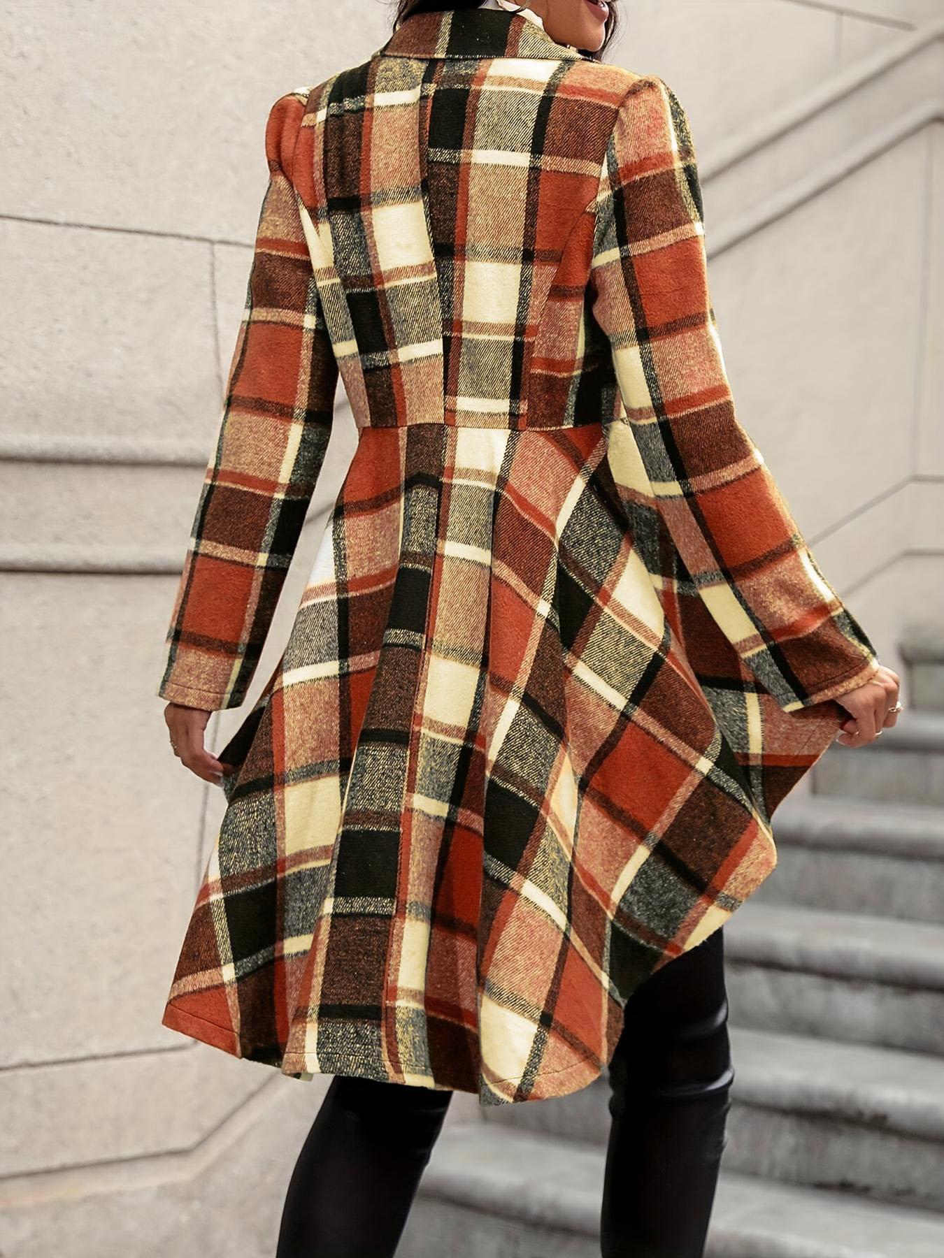 Women's Plaid Print Button High Low Hem Fitted Casual Fashion Jacket Coats, Casual Long Sleeve Lapel Neck Open Front Outerwear for Fall & Winter, Ladies Clothes for Daily Wear, Womenswear Everyday
