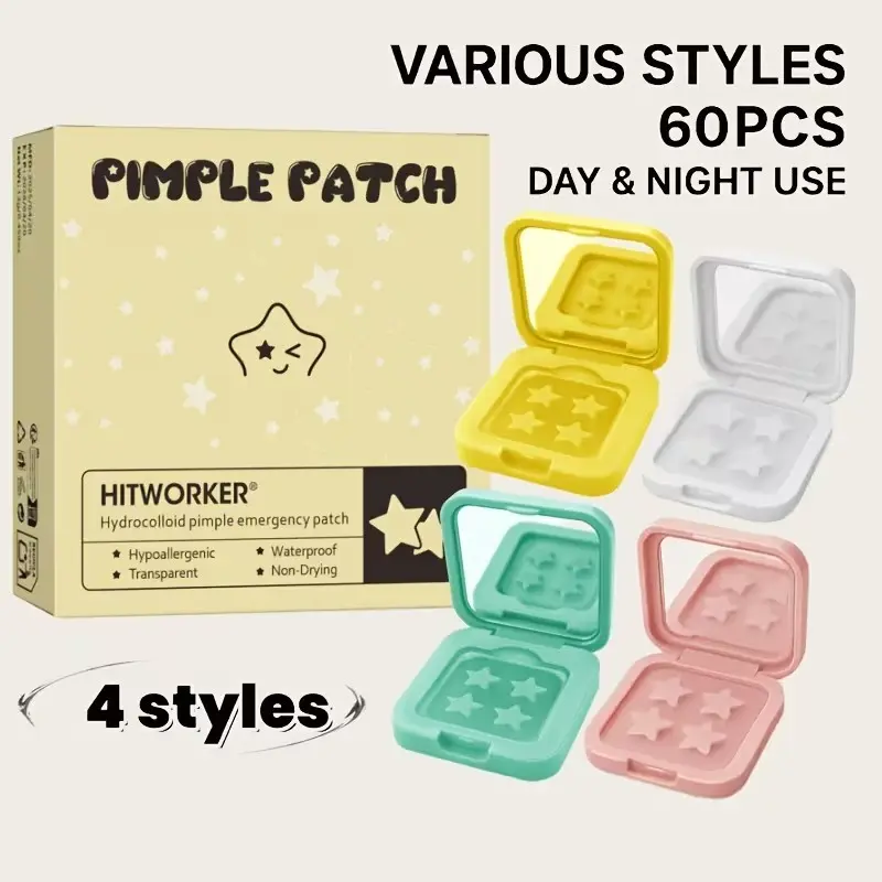 Star Water Gel Hydrocolloid Hypoallergenic Pimple Concealer Patches, Cute Pimple Patches, Acne Patches, Fashionable Makeup Essential, Independent Packaging with Mirror, Portable, Daily, 60 Patches