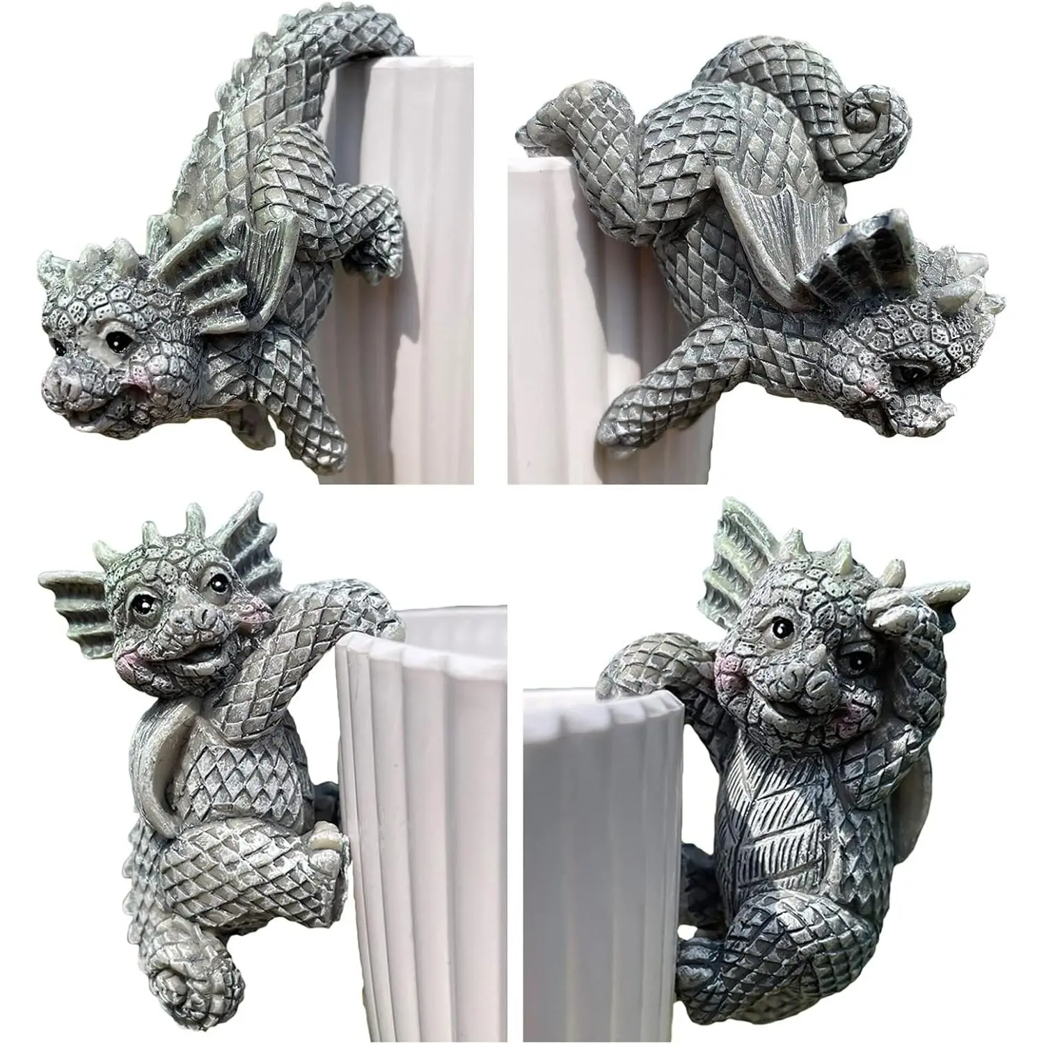 4 PCS Cute Dragon Figurines, Hanging Animal Statue for Planter Pot, Resin Climbing Sculpture Flower Pot and Vase Hugger for Patio Lawn Yard Ornaments
