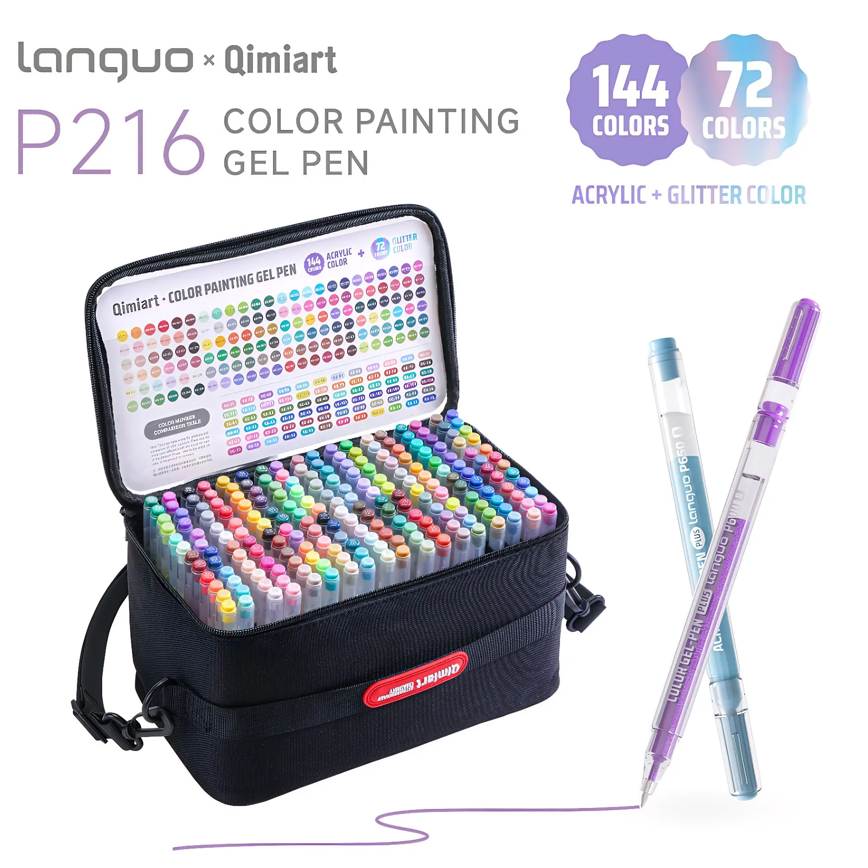 Languo 216pcs Gel Pen Set, 144 Acrylic + 72 Glitter, 1.0mm Tip, Large Ink Capacity, Ideal for Drawing, Notes, DIY Art, Back-To-School Essential