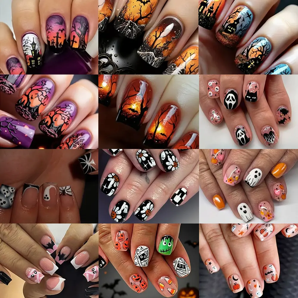 288pcs Halloween DIY Nail Art Set, Short Square Nails, Ghost, Mummy, Blood Drop, Bat, Spider Web, Pumpkin Design, Includes Glue and File