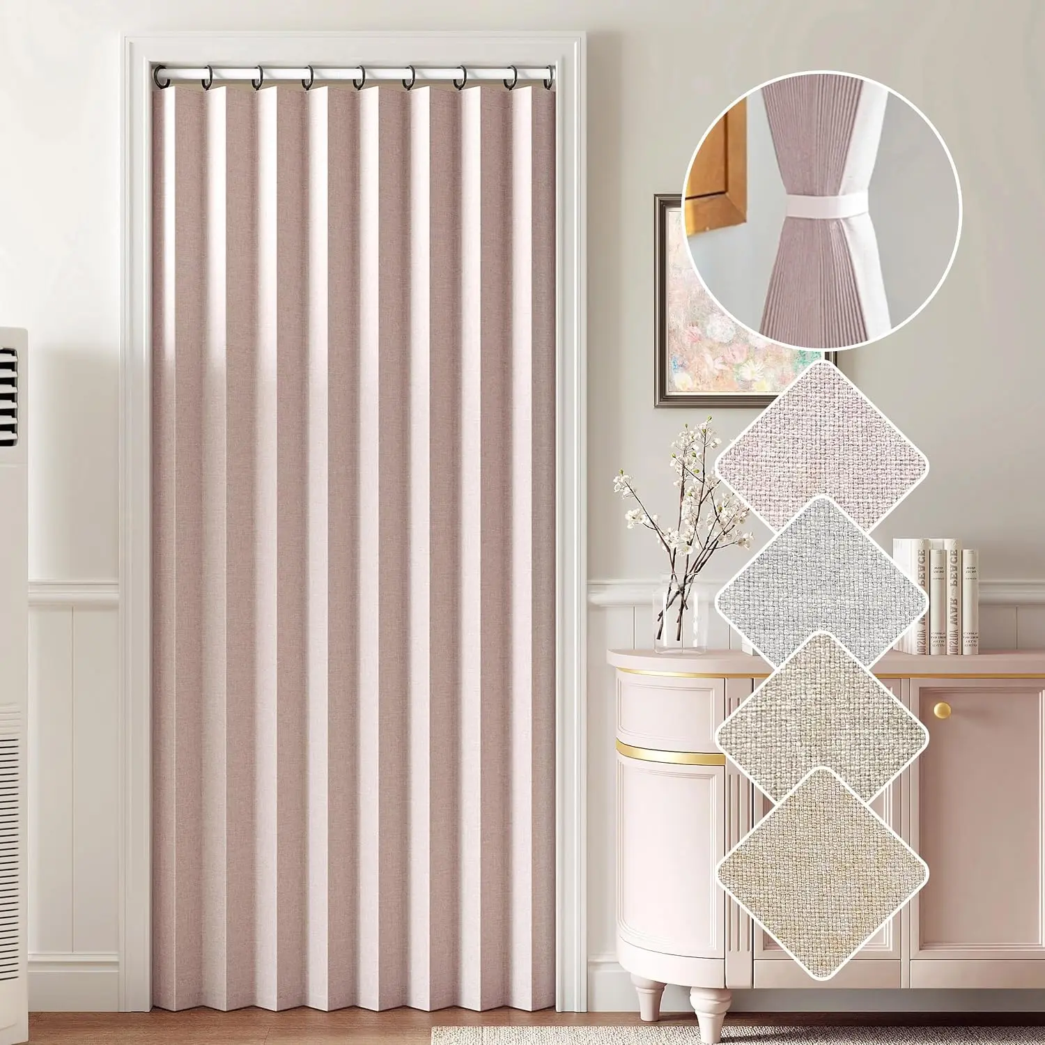 Folding Pink Blackout Pleated Curtains with, Accordion Style Closet Door Curtains, Wall Drapes, Room Divider, 42" W x 78" L 1 Panel