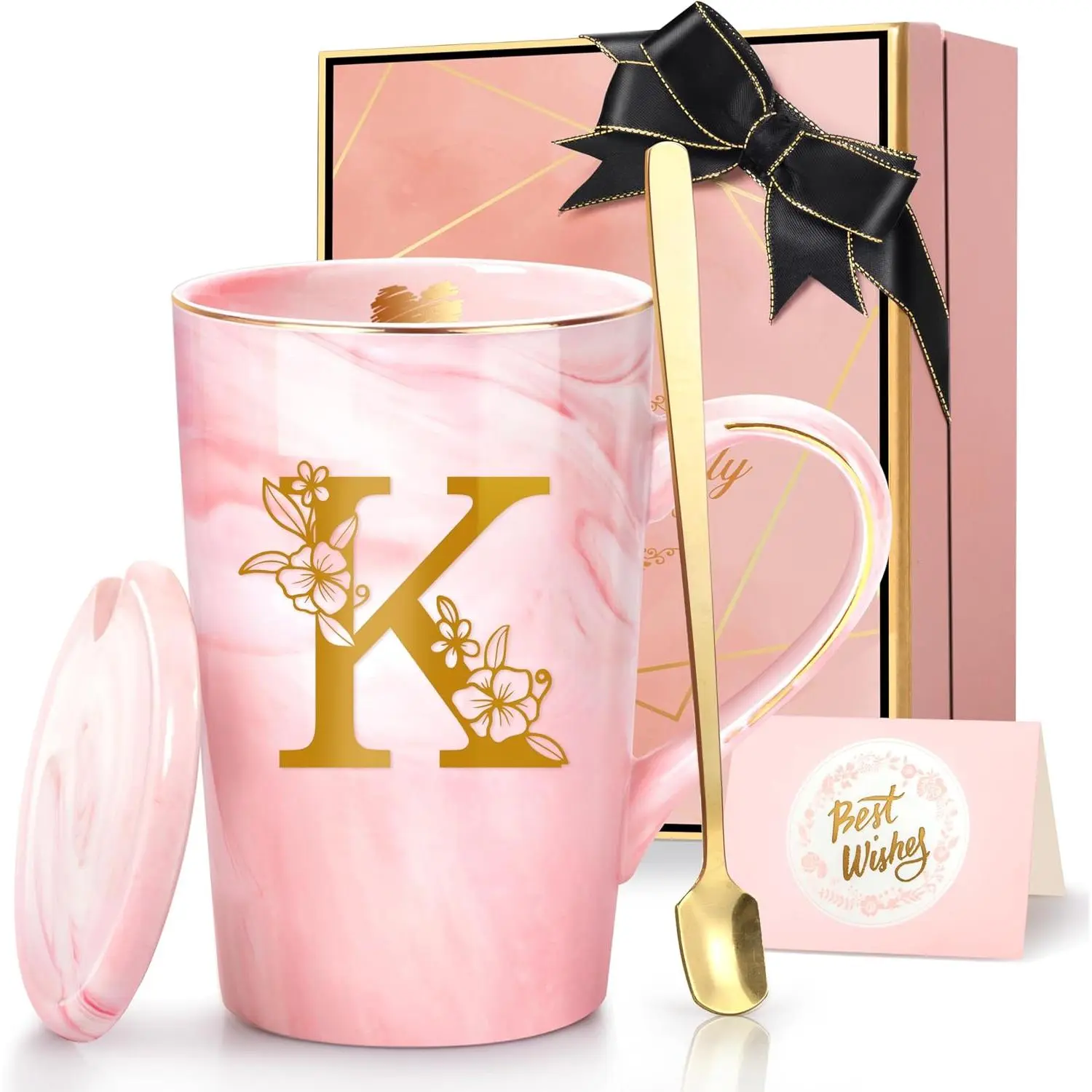 Coffee Mugs - Personalized Gifts for Women, Initial Customized Ceramic Marble Cups 14 Oz , Luxury Christmas Mother's Day Birthday  for Mom Grandma Girlfriend  ,K