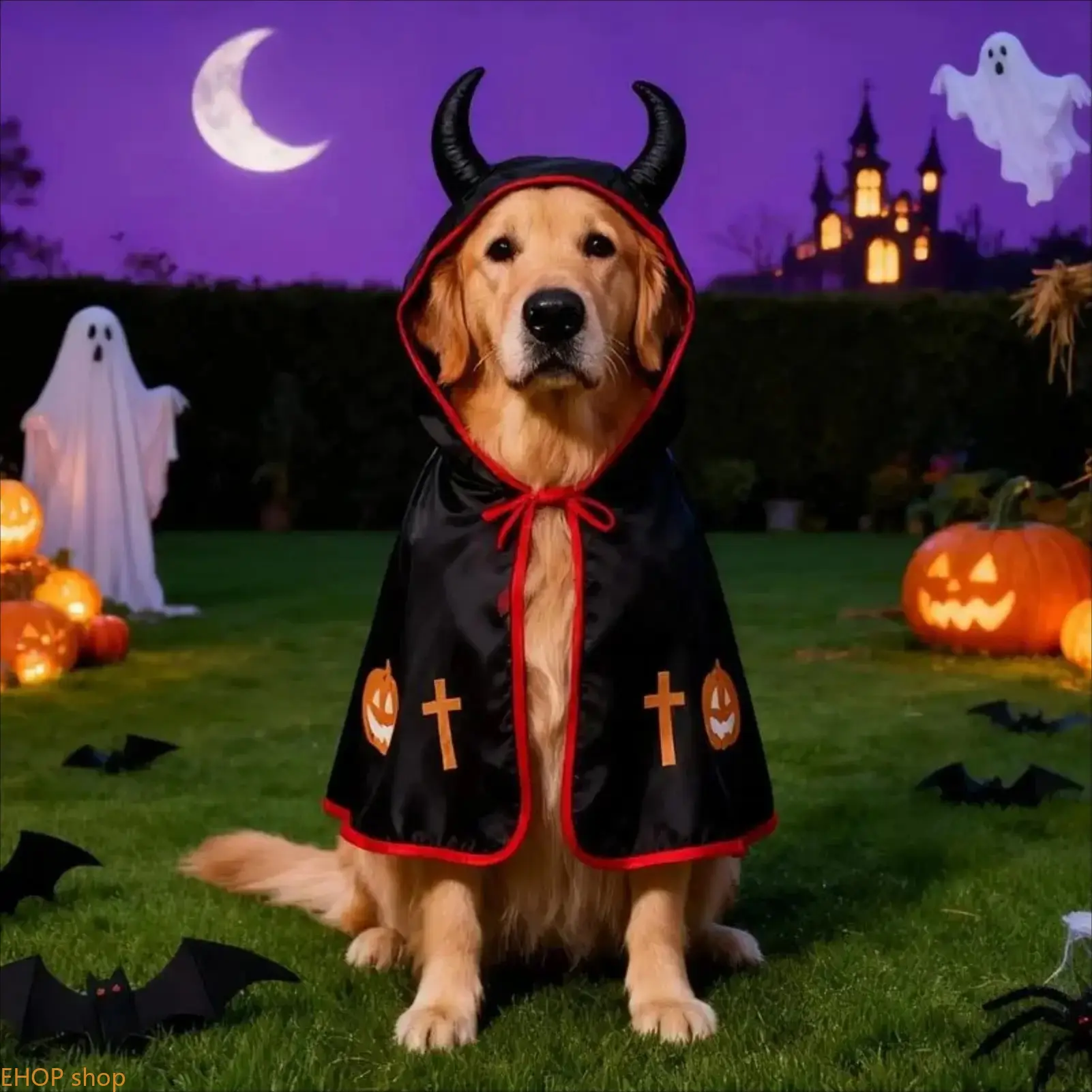 Unisex Polyester Plain Kawaii Pet Devil Cape, Pumpkin Print Halloween Costume for Dogs & Cats, Easy-Wear Holiday Party Photo Prop Outfit