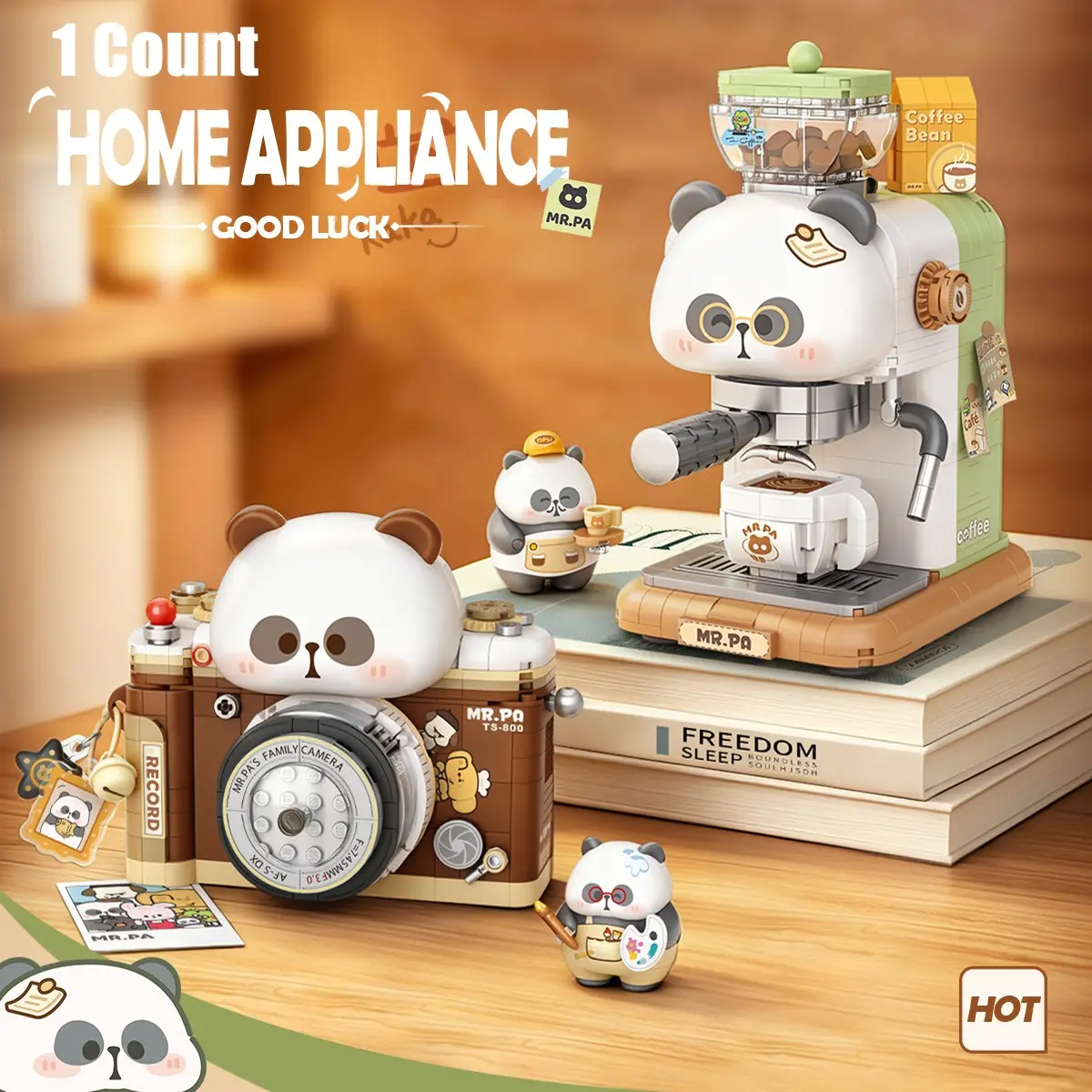 Creative Small Appliances DIY Building Blocks Toy, Panda Coffee Machine Camera Model, Retro Childhood Memories, Perfect Gift for All Ages