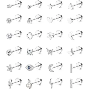 Sanfenly 24 Pcs Surgical Steel Stud Earrings for Women Men 20G Tiny Cartilage Earrings Stud Small Snake Moon Star Butterfly Flower Hypoallergenic Screwback Flat Back Stud Earrings Piercing Jewelry