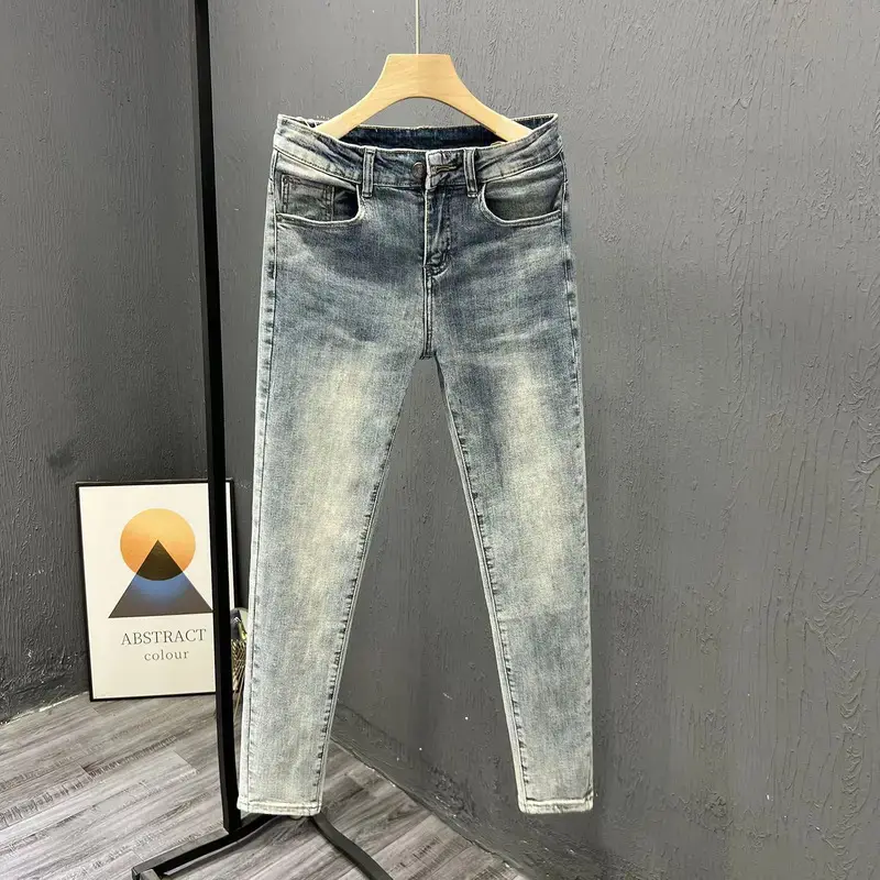 Menswear Luxury Men's Jeans, Light Washed Denim Style, Korean-Inspired, Elastic Stretch Slim-Street Casual Plain Cowboy Pants for Men, Non-Customized Men's Jeans