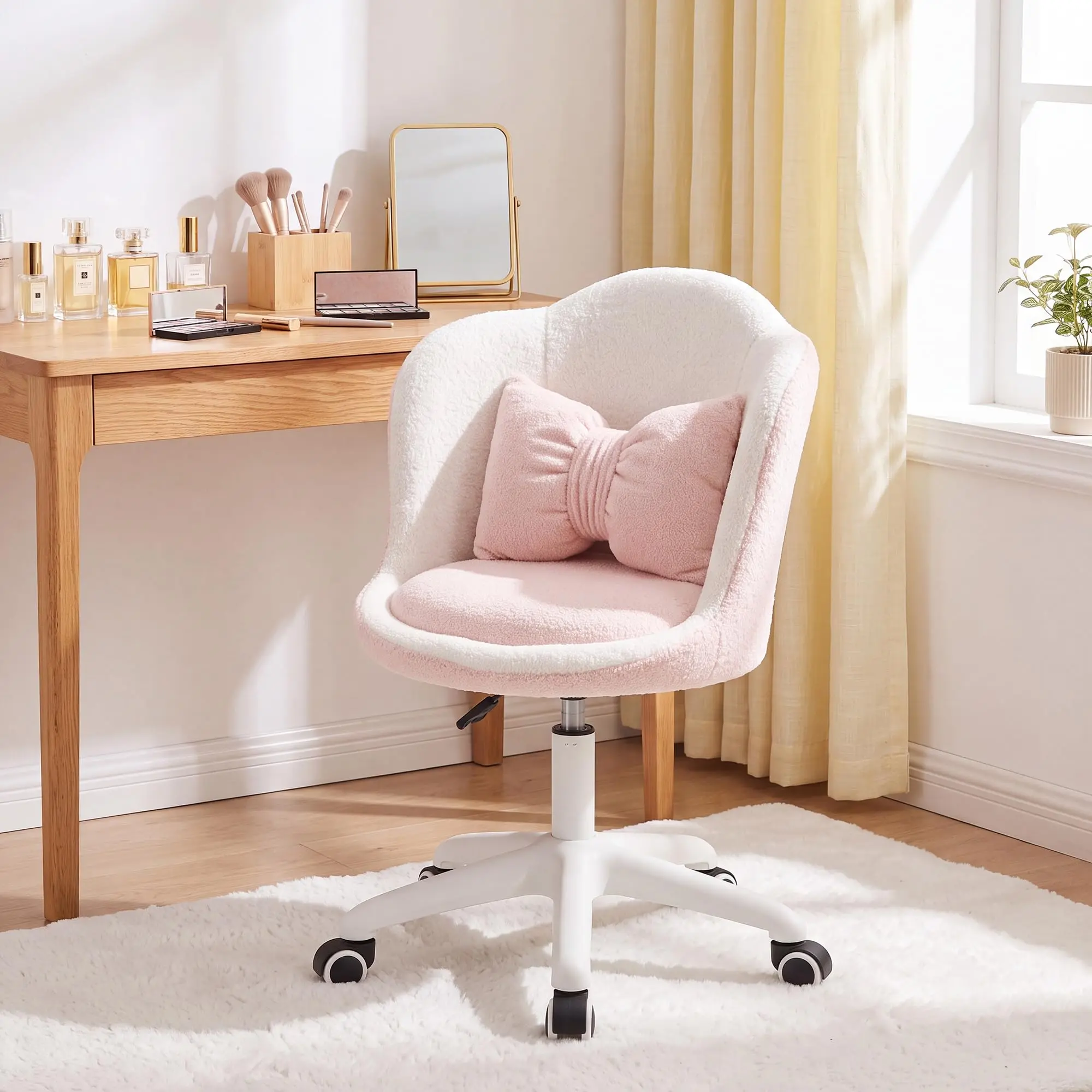 Petal Vanity Chair w/Wheels Ergonomic Cute Home Office Desk Chair | Height Adjustable Upholstered Armless Swivel Chair with Pillow, Modern Computer Task Chair for Bedroom & Home Office
