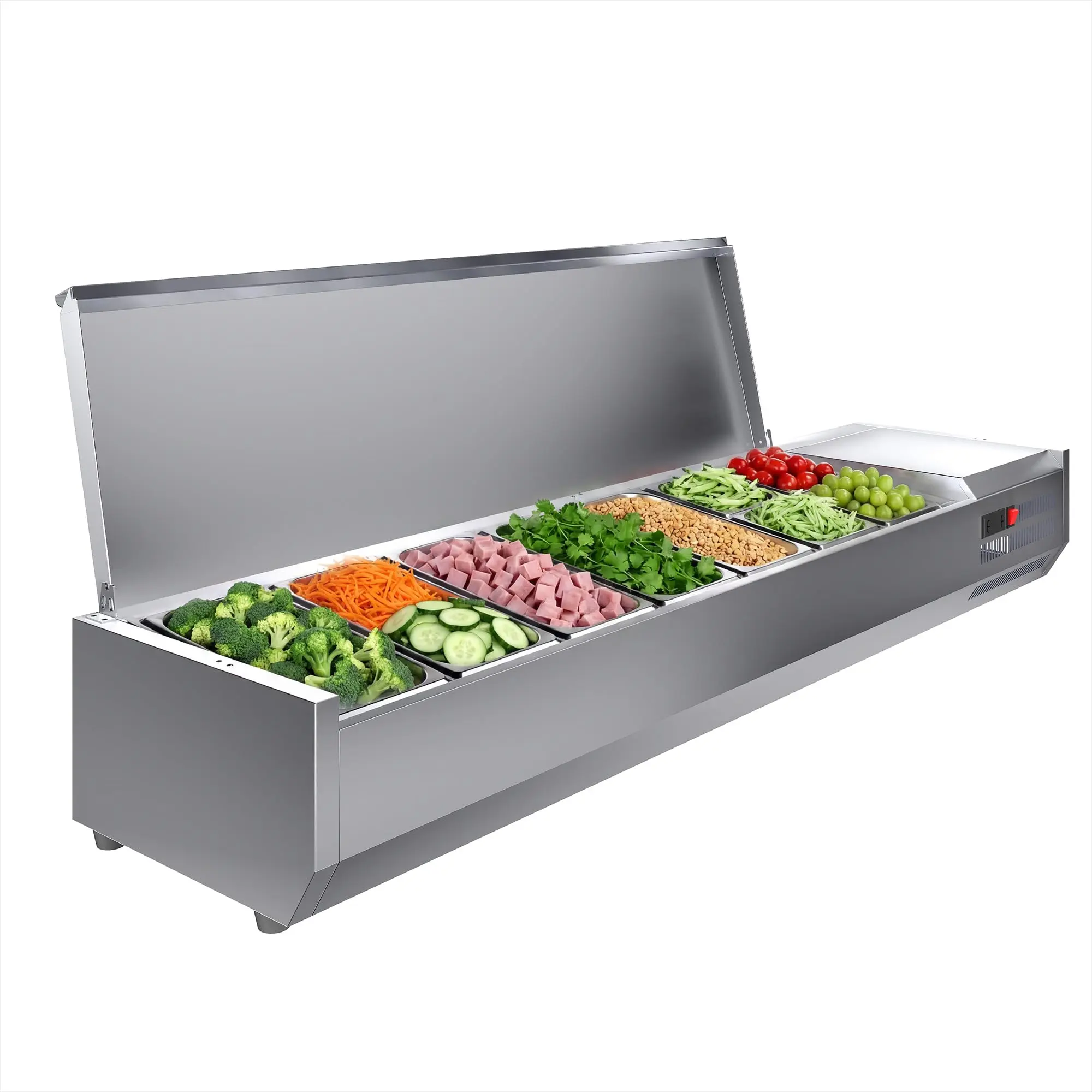 Refrigerated Prep Station, 160W Air-Cooling Salad Bar Buffet Station, 35-46°F Digital Thermostat, with Five 1/3 Pan & Four 1/6 Pans, 304 Stainless Steel, Removed Hinge Lid, for Restaurant Food Truck