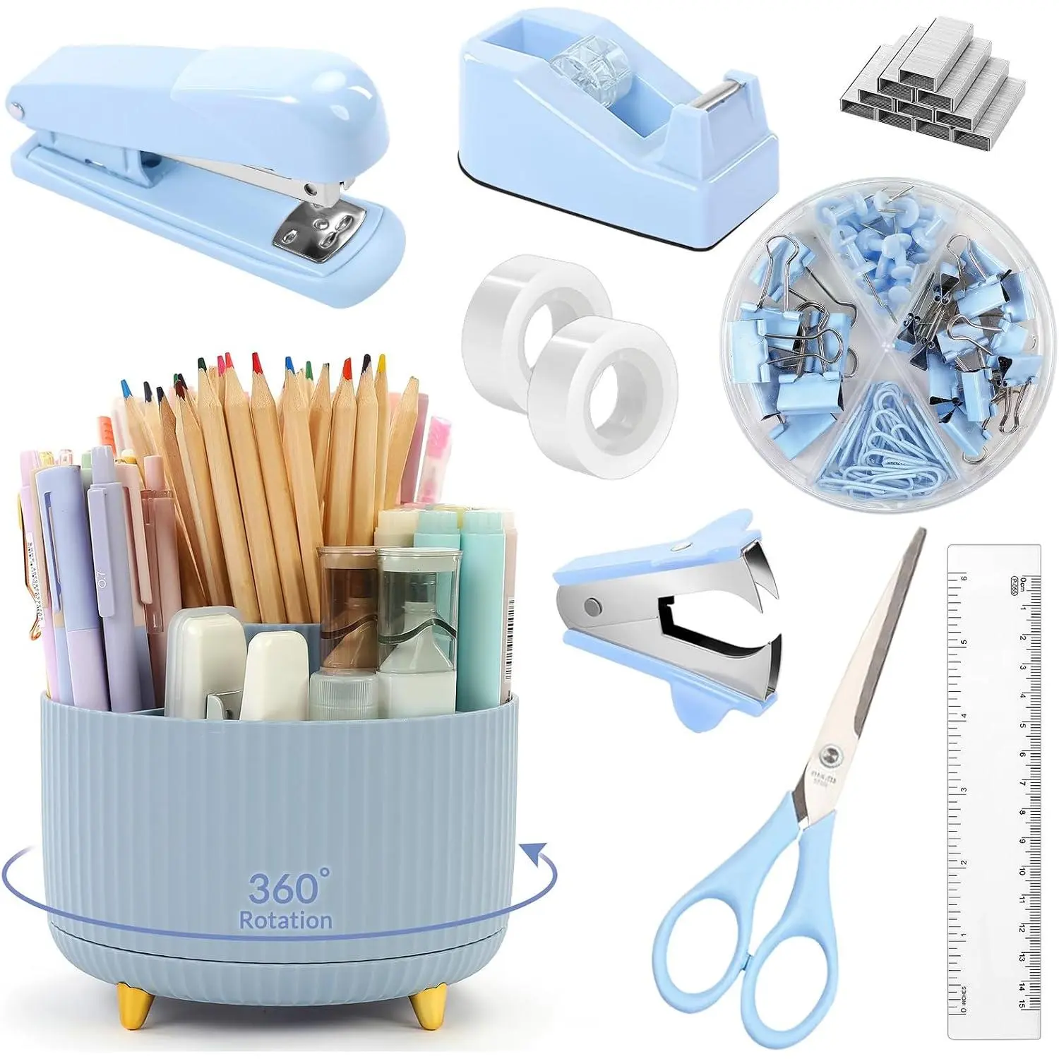 Desk Organizers and Accessories 10 count, 360- Rotating Pen Holder, Stapler, Staple Remover, Tape Dispenser,2pcs Tape Refills, Binder Paper Clips Kit, Scissor (Blue)