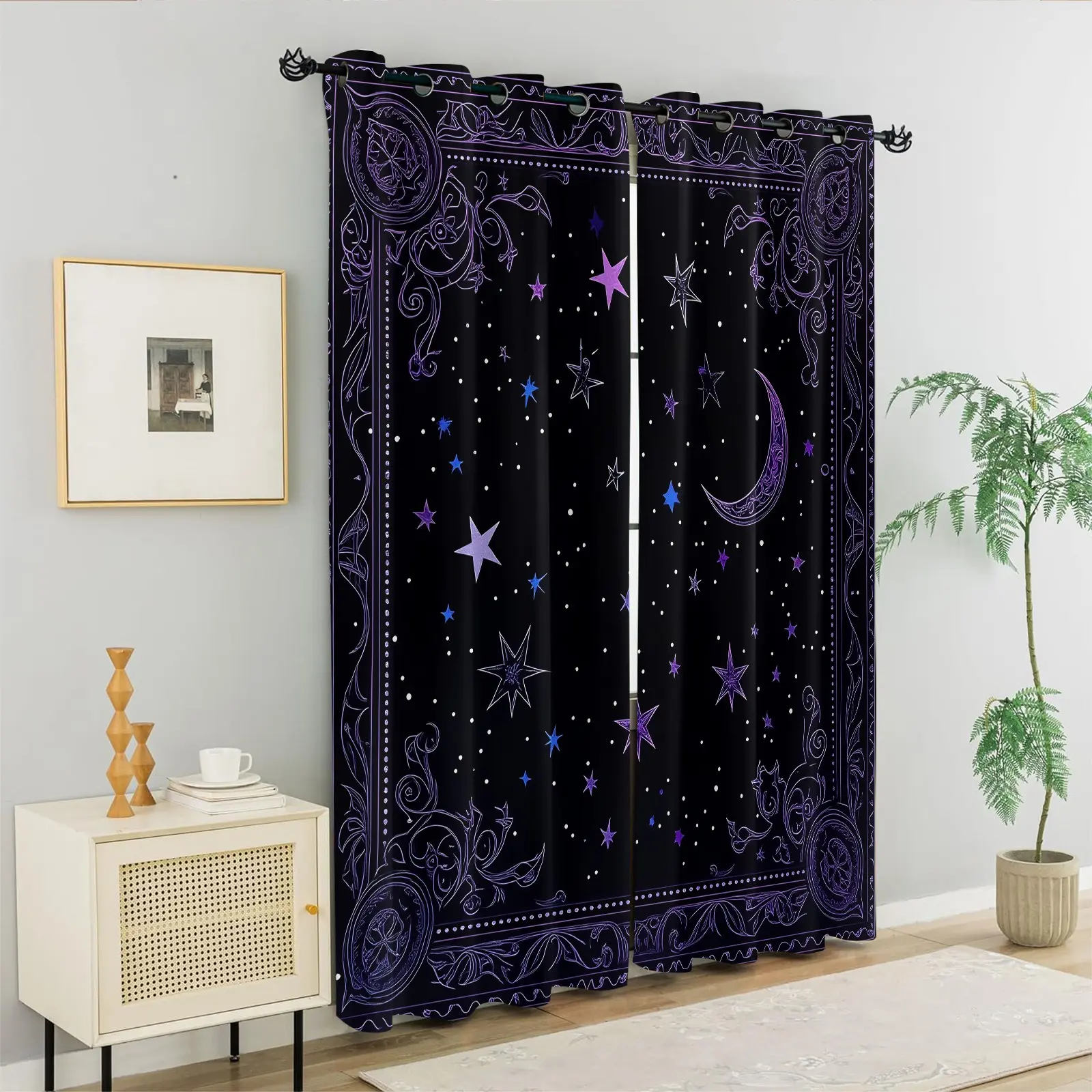 2 Pcs Mystical Celestial Moon & Star Printed Curtains, Darkening Decoration Curtains, Blackout Bedroom Curtains, Light Blocking Soft Fabric Curtain for Teens Adults Bedroom Living Room Home Indoor Window Curtains Decor