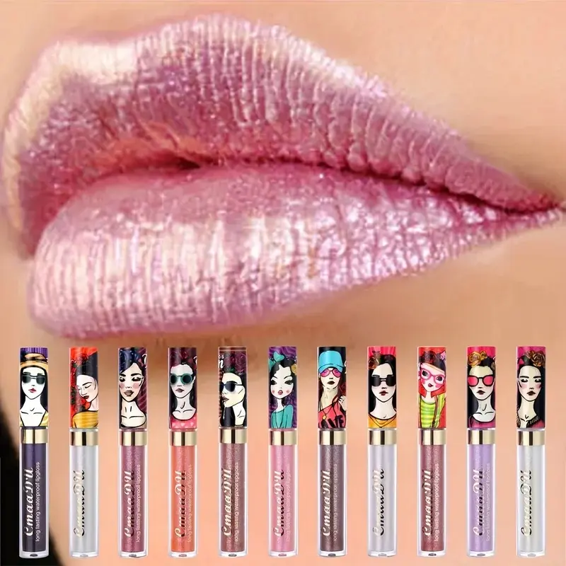 Metallic Pearlescent Shimmer Lip Gloss Lipstick Glitter Lip Glaze Long-Lasting Waterproof Not Transferable High Pigment Y2K Gift