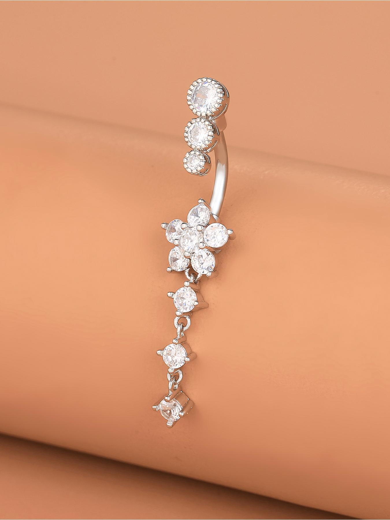 Flower Design Belly Ring, Elegant Rhinestone Decor Belly Piercing Jewelry for Women, Chic Body Jewelry, Fashion Accessories for Party, Daily Clothing Decor