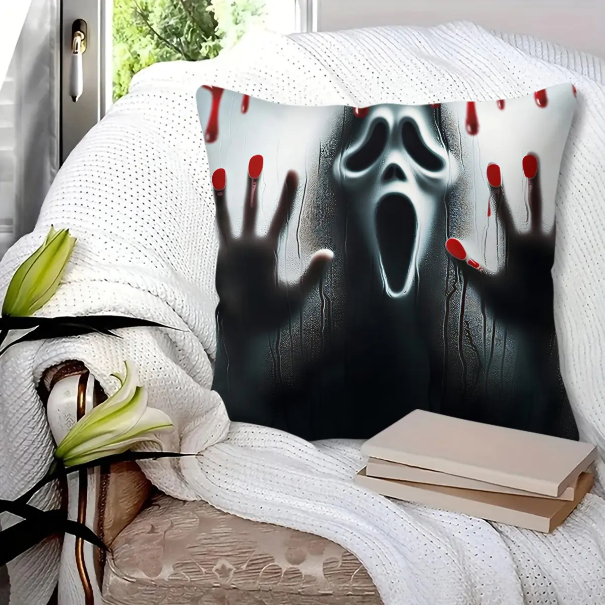 45x45cm 1Pc, Halloween Scream Ghost Face Throw Pillow, soft, fluffy, durable decorative cushion with bloody hand print design, perfect for sofa, bed, bedroom and living room decor, ideal spooky holiday small gift for horror movie fans, includes fill