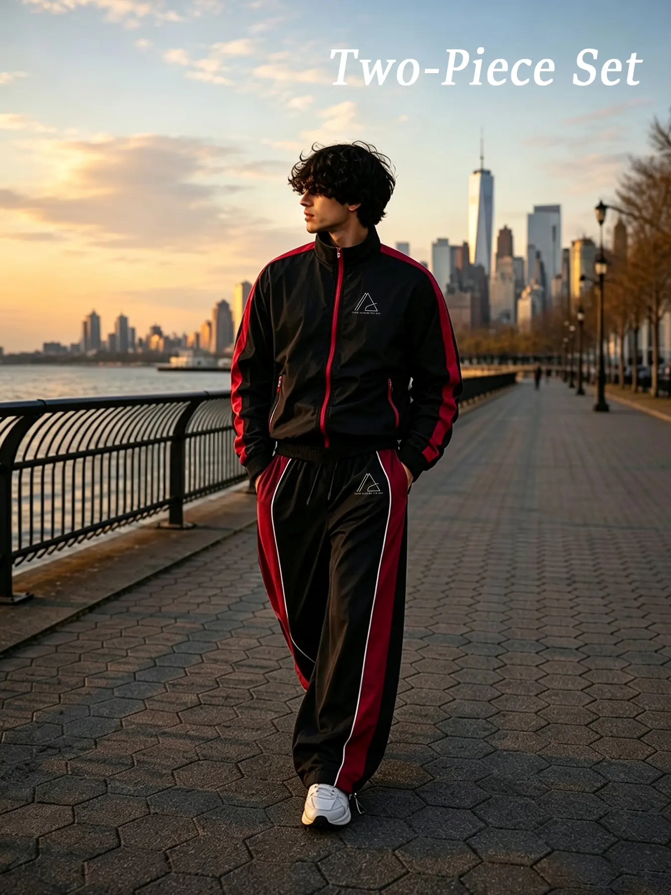 Men's Two-Piece Set, Stand Collar Zipper Long Sleeve Jacket & Drawstring Waist Pants, Wine Sporty, Fall Fashion