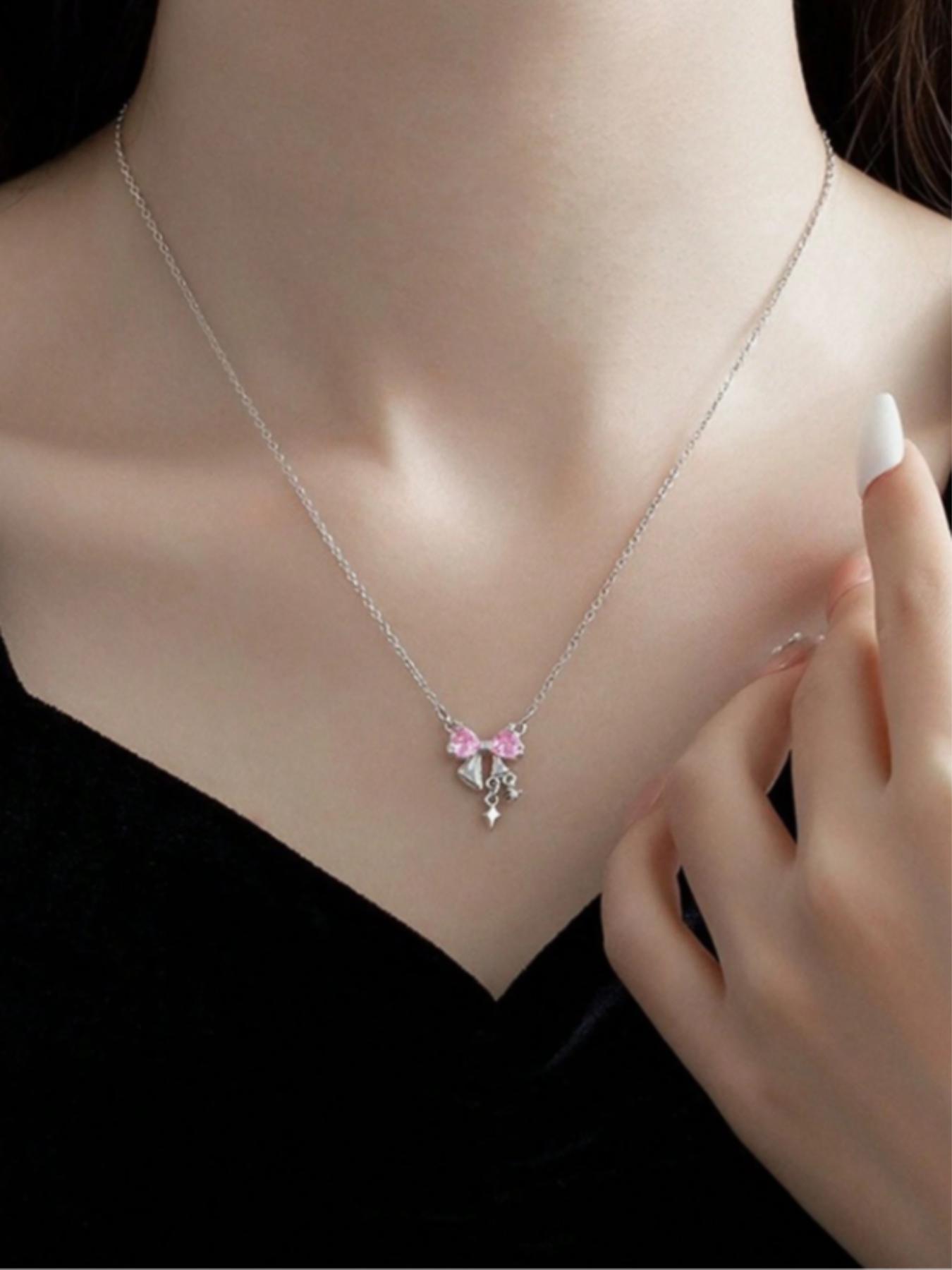 Women's Elegant Bow Design Pendant Necklace, Sparkling Rhinestones Chains, Daily Clothing Decor, Trendy All-match & Exquisite Jewelry for Birthday Gift, Daily Wear Necklace, Bling Necklace, Dainty Necklace