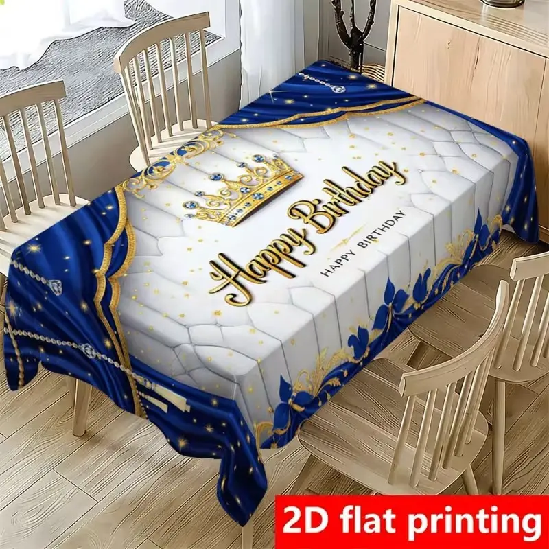 2D Flat Party Tablecloth 1pc, Crown and Gold Birthday Text, Blue and Gold Curtain Background, Rectangular Party Tablecloth, Festive Decor, Table Cover, Birthday Party Decorations