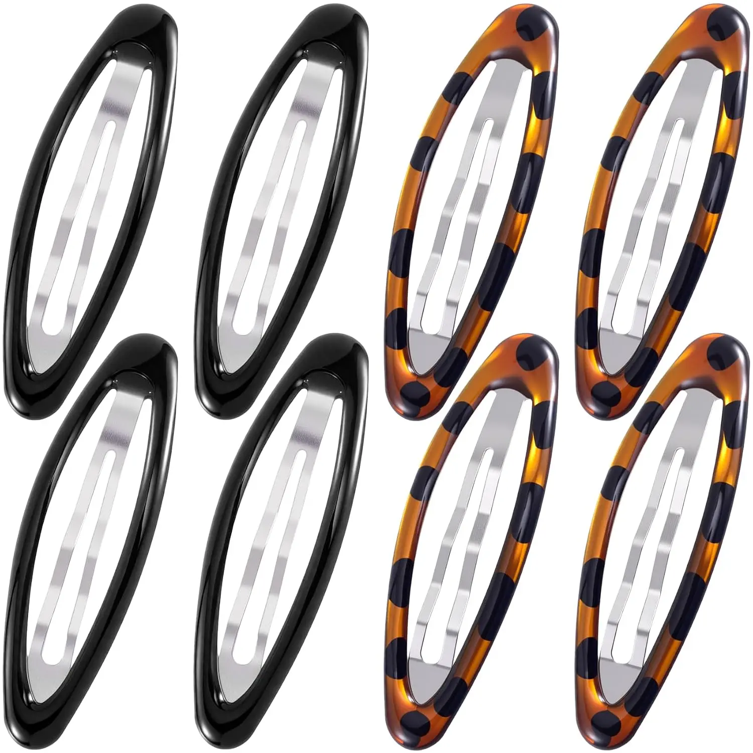 8 count Snap Barrettes for Women, Large Snap Hair Clips, 2.6×0.8 in | Oval Black/ Tortoise Snap Clip Barrettes, Stylish Flat Hair Accessories for Daily Hairstyling