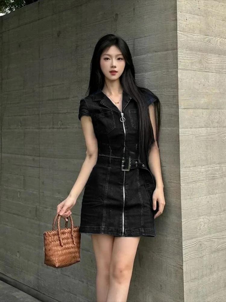 American Retro Black Denim Short Dress Women Summer Zipper Elegant Slim One Piece Dress Korean Fashion Design Casual Clothing