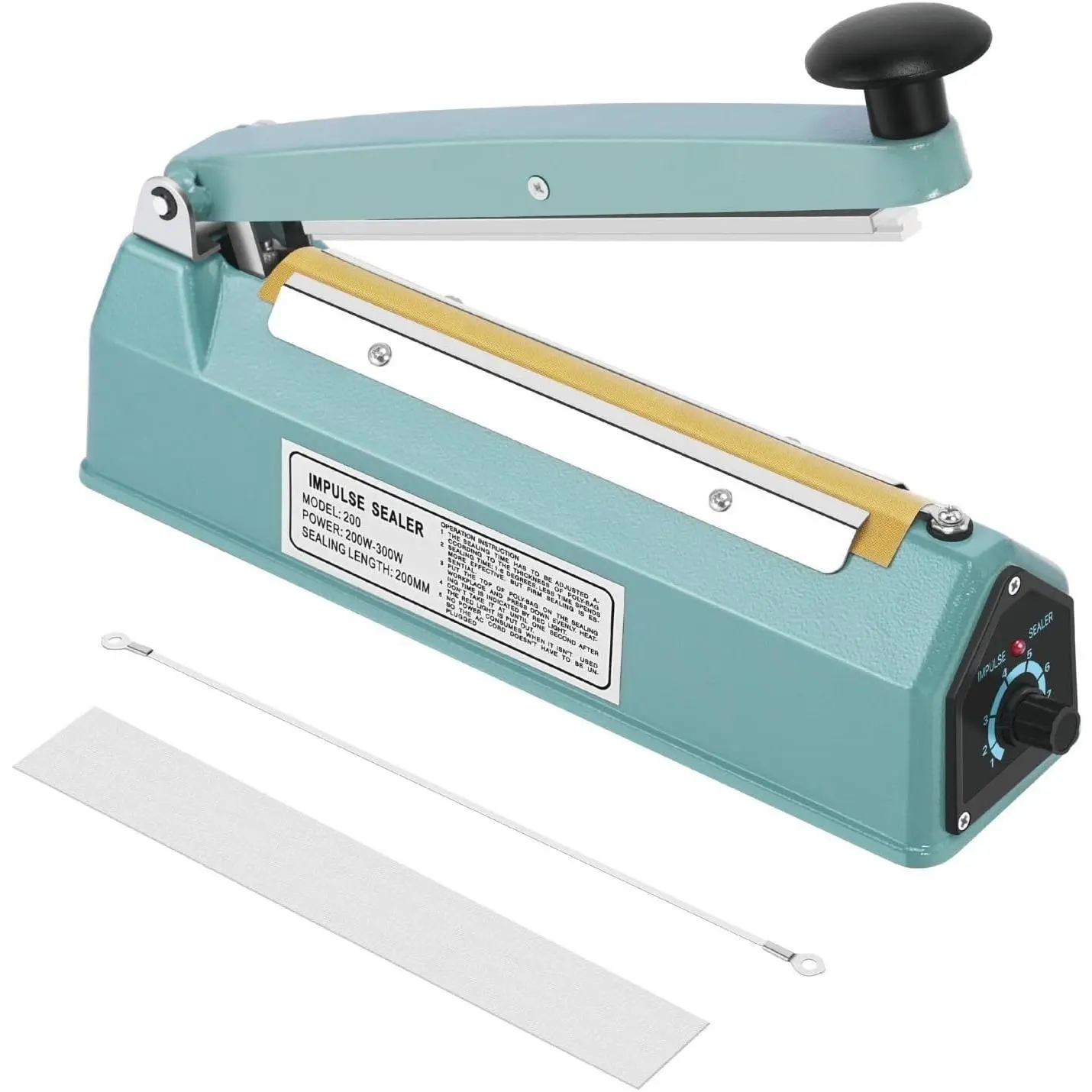 Impulse Sealer for Plastic Bags, 8 Inch, 300W, Adjustable Timer | Manual Heat Sealer Machine and Bag Sealer for Pe/Pp Film; Adjustable Timer, No Warm-Up, Spare Heating  and Teflon Tape