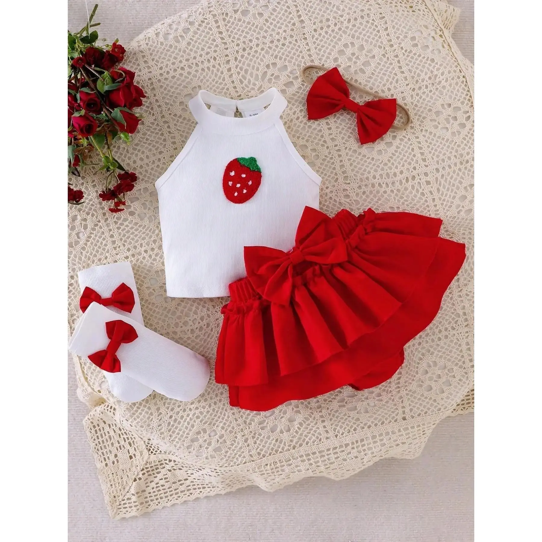 Baby Girl 5-Piece Polyester Set - Strawberry Fruit Embroidery Sleeveless Tank Top, Bow Tiered Skirt Dress, Hairband, Socks, Natural Waist, Safe Material Summer Kids' Fashion Gift Set