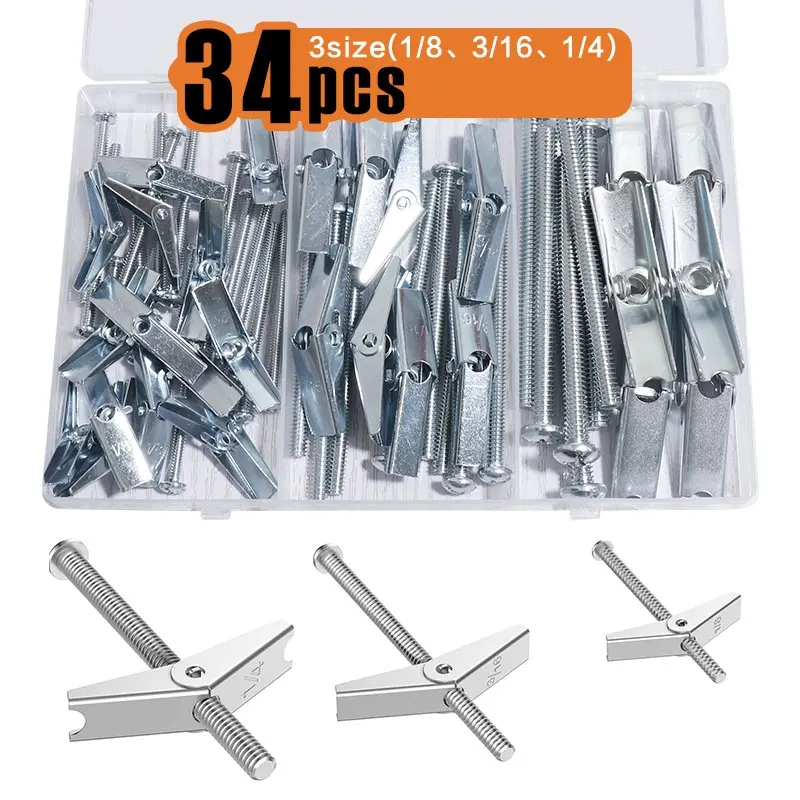 34 pack Toggle Bolts, Wall Anchor, 1/4" 3/16" 1/8" Butterfly Drywall Anchors, Heavy Duty Fastening, Heavy Duty Metal Screws for Hollow Wall
