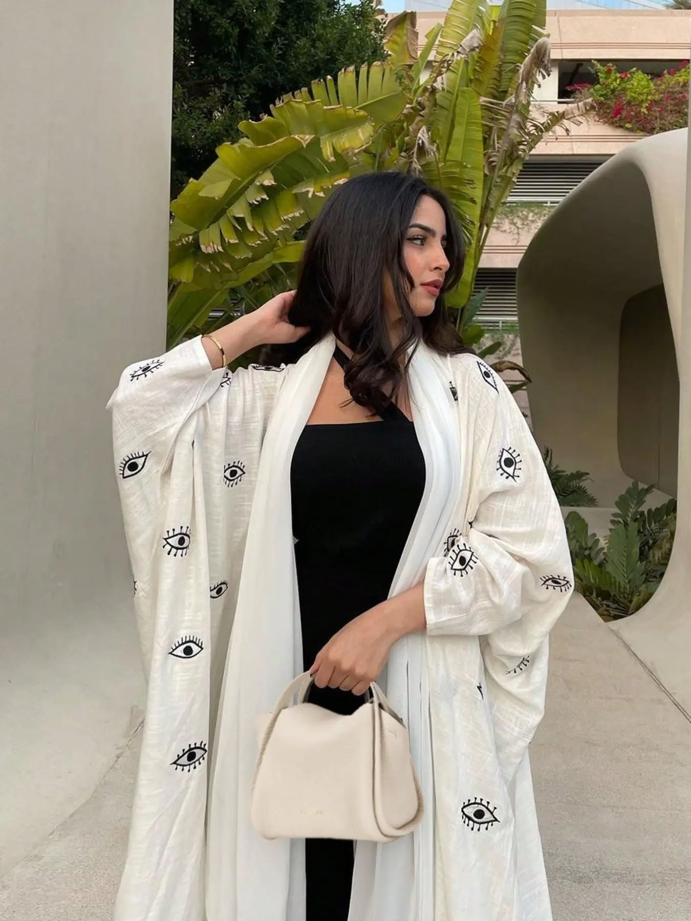 Muslim Women's Abaya Outer Robe, Devil Eye Print Long Cardigan, Casual Vacation Modest Conservative Long Dress, Loose Fit Linen Feel