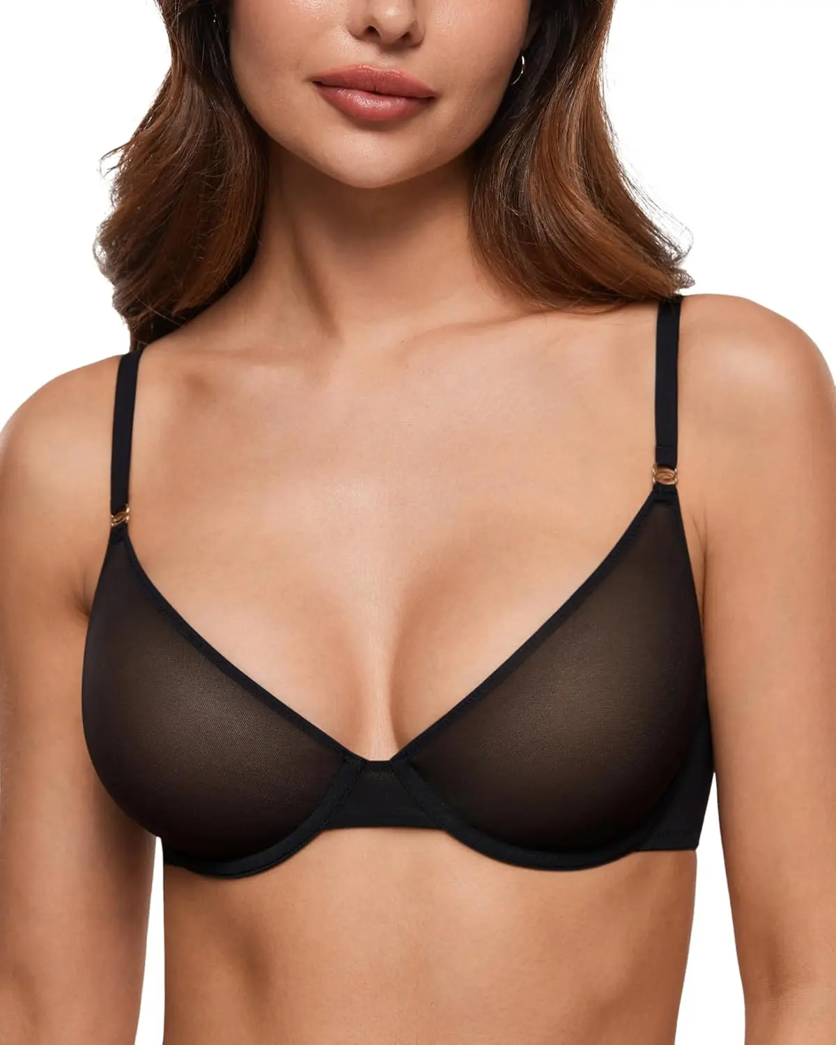 Women's Sheer Balconette Bra Demi Unlined Plunge Mesh See Through Sexy Bras Underwire