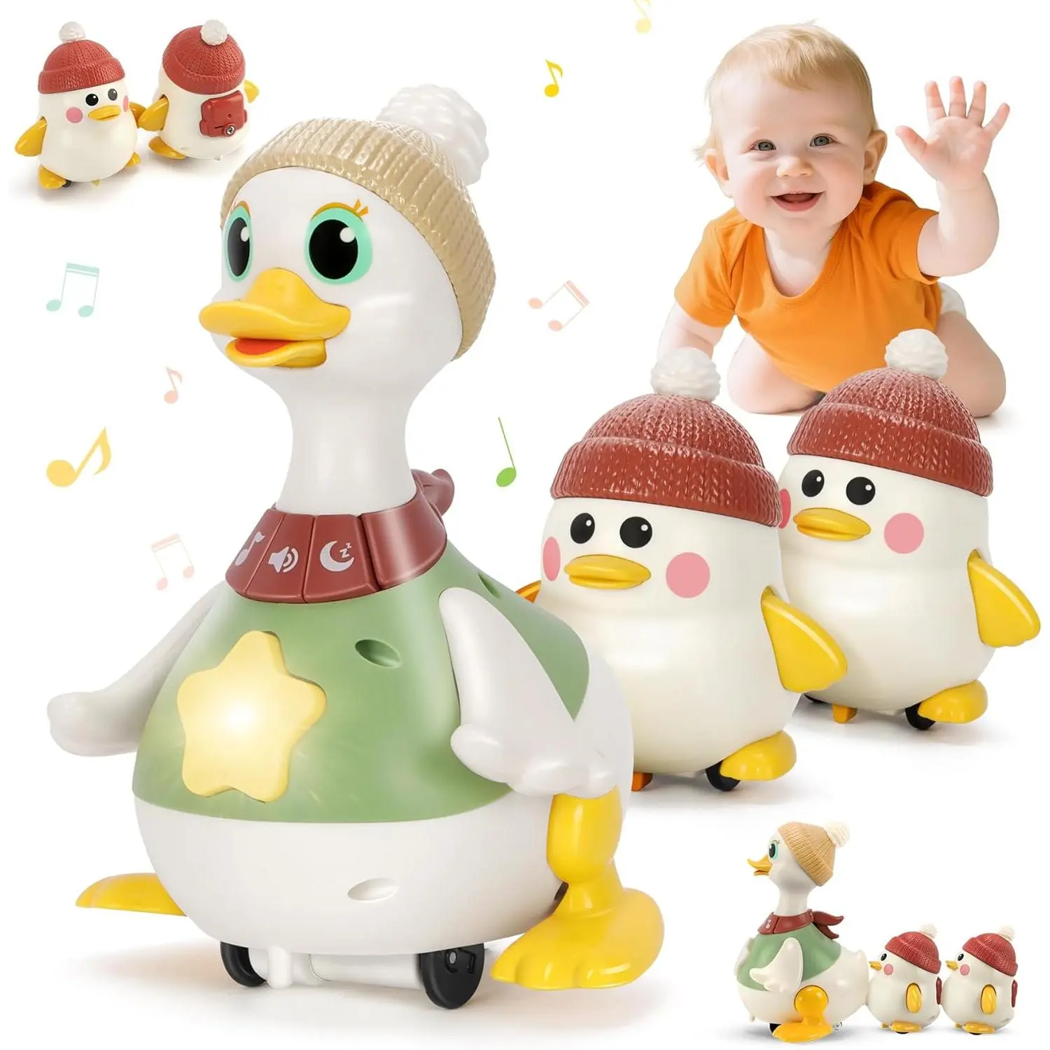 Baby Toys 6 8 10 12 Months, Tummy Time Duck Toy, Musical Dancing Duck Set with Lights & Sounds, Crawling and Interactive Sensory Learning Toy  Infants, Toddlers Gift  1 Year Old Boy