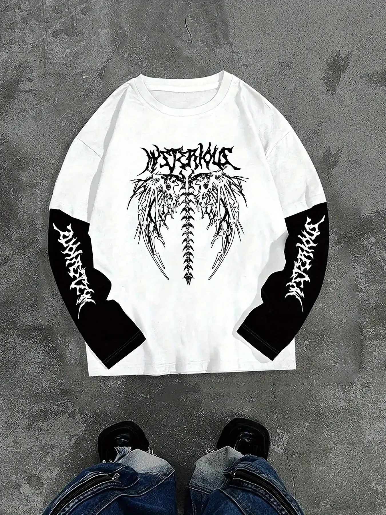 Cyber Y2K Grunge Graphic Long Sleeve Shirt Men Women Fake Two Piece Gothic Spine Print Streetwear Loose Layered Top for Casual Club Rave Wear