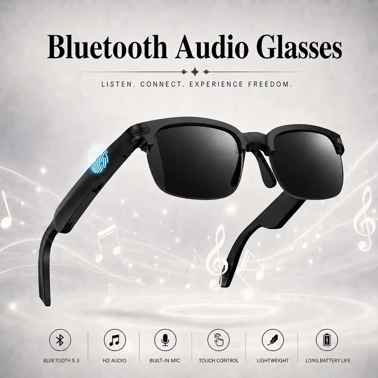 Smart Bluetooth Glasses,Wireless Audio Glasses,Open-Ear AudiomHands-Free Call Music ,Touch Control，Voice Assistant,Built in Speakers,UV Blue Light Proection,Lightweight for Driving Cycling Outdoor Travel Daily, Wireless Audio Eyewear