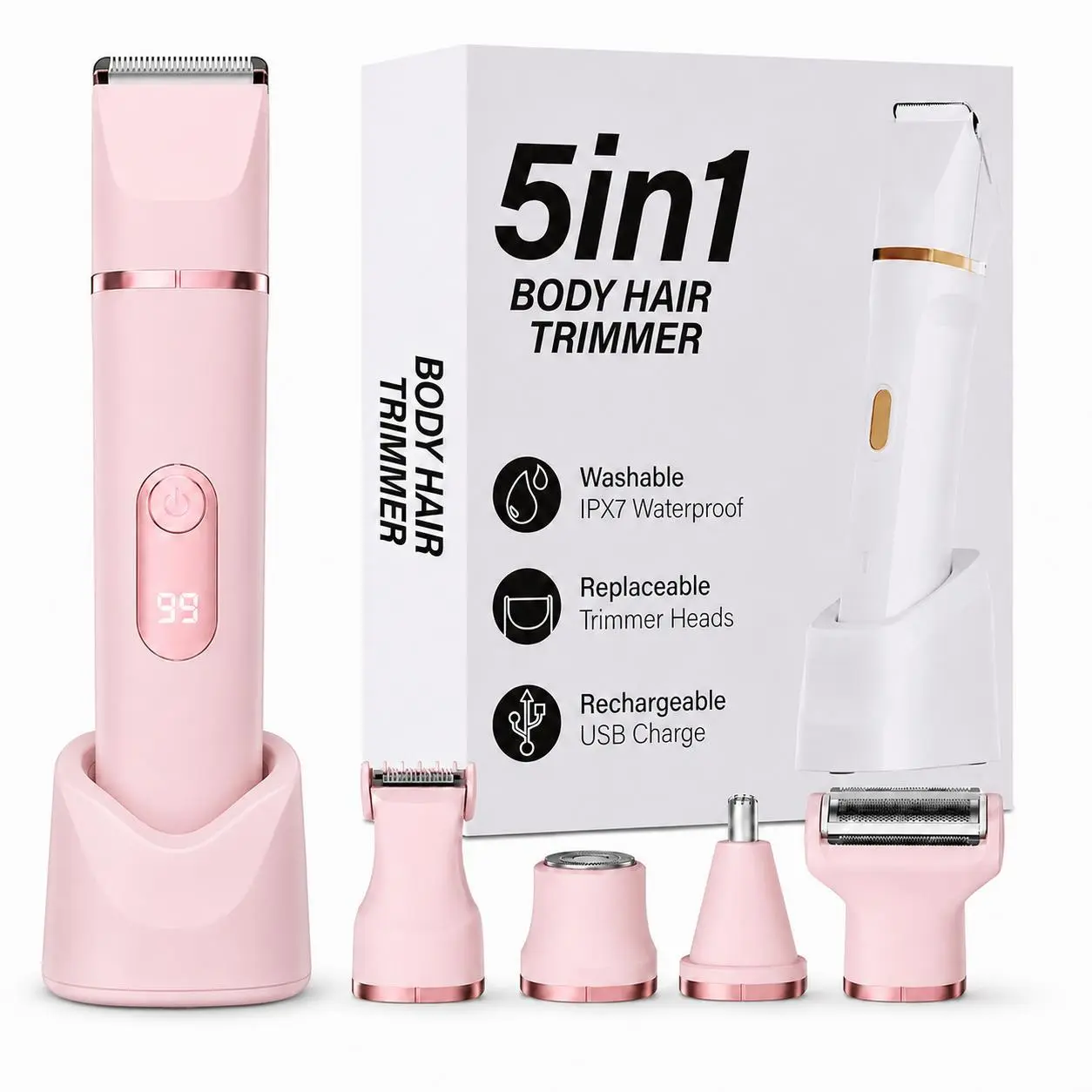 5-in-1 Electric Bikini Trimmer for Women – IPX7 Waterproof Shaver, Cordless Body & Facial Razors for Women, Ceramic Blades, USB-C Rechargeable, Painless Hair Removal Kit