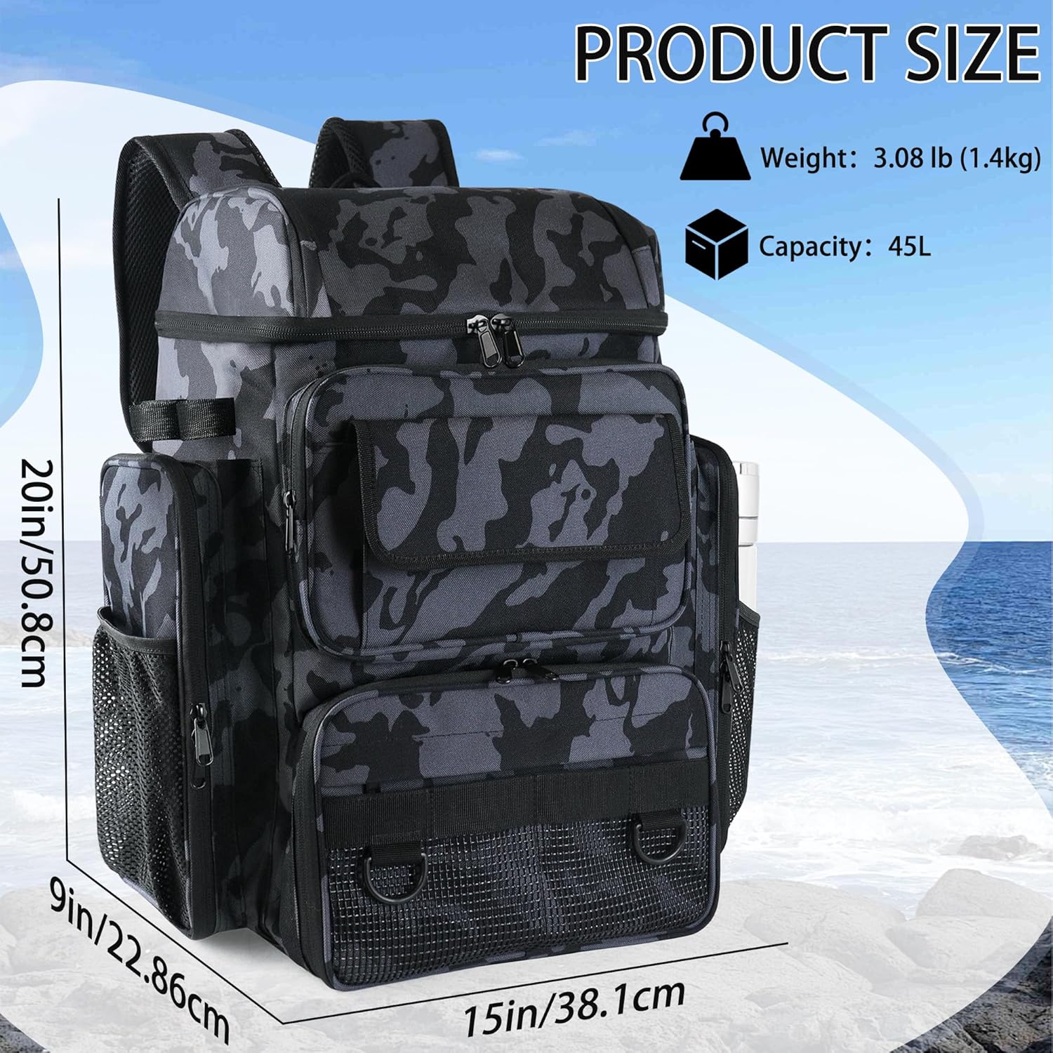 SUNDAY MIRTH Fishing Tackle Backpack With Rod Holders, 45L Large Tackle Bag & Fishing Tackle Backpack for Fishing, Camping, Hiking,Camouflage