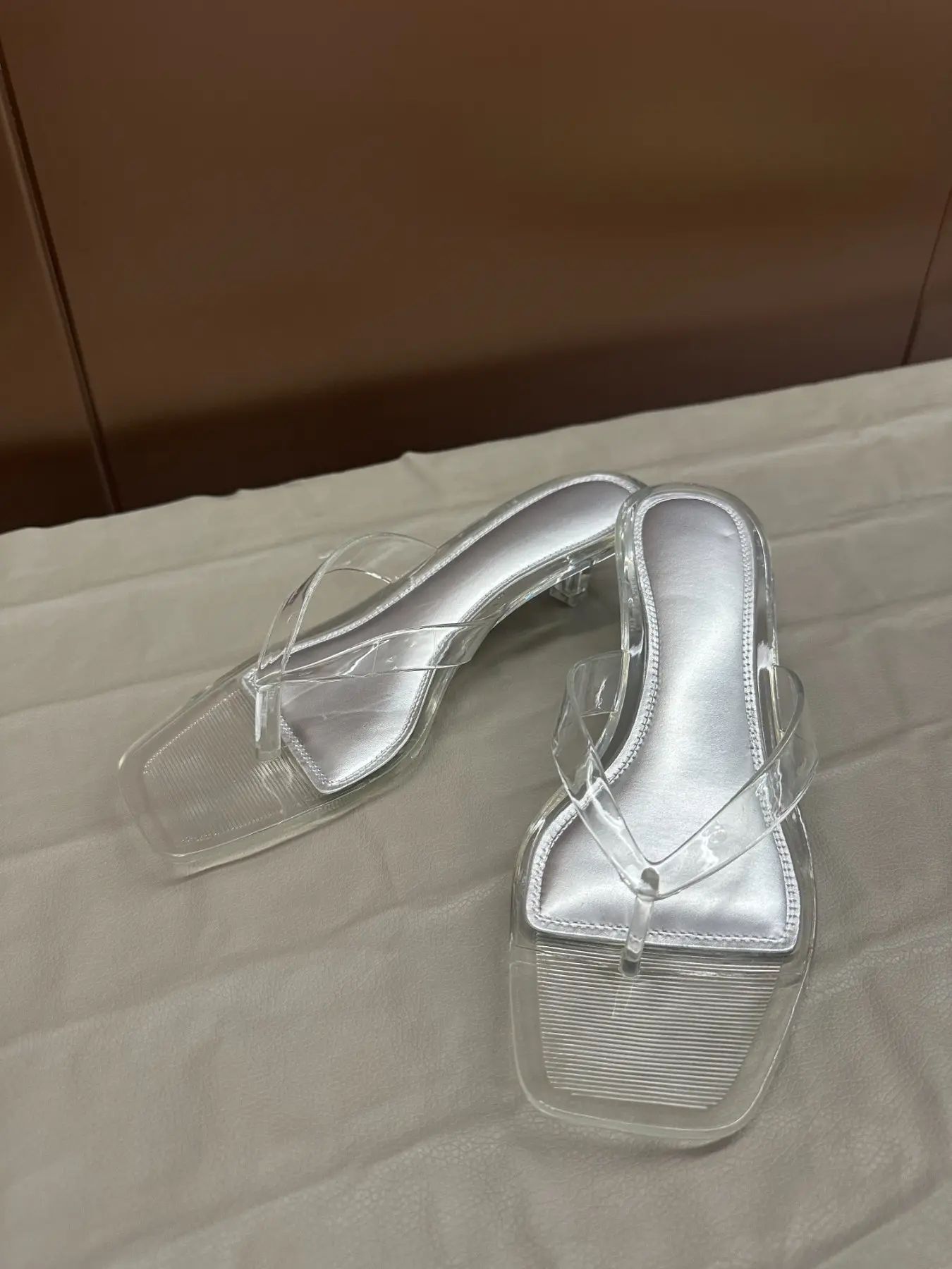 Women Square Toe Kitten Heel Flip Flops Classic Clear PVC Jelly Thong Sandals Slip On Mules Slides Summer Beach Vacation Dressy Heeled Thong Slippers