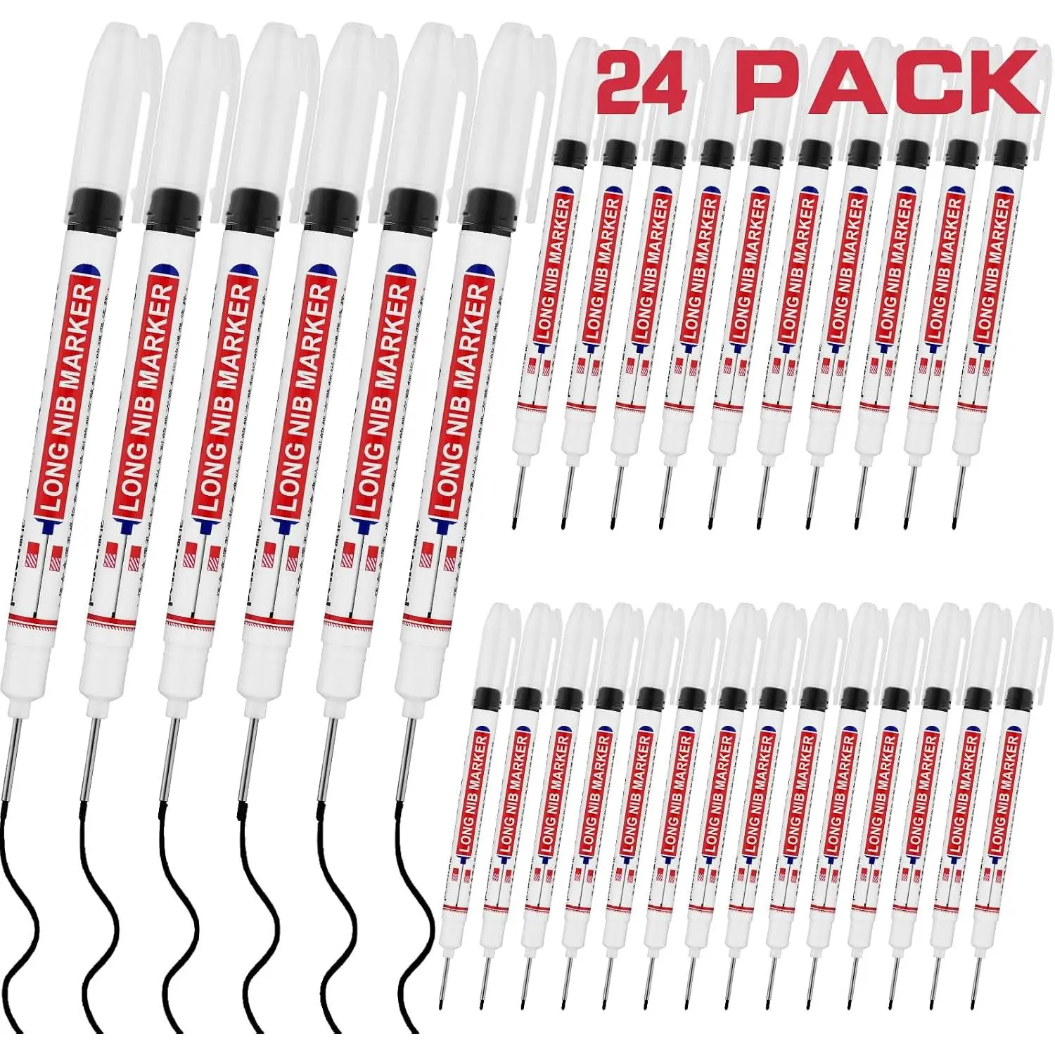 24 count Long  Deep Hole Marker Pens,20mm Long Nib Marker,Longs Nose Markers, Construction Markers Marking Tool,Permanent Markers Carpenter Ink marker Pens,Metal marking Pens,Black