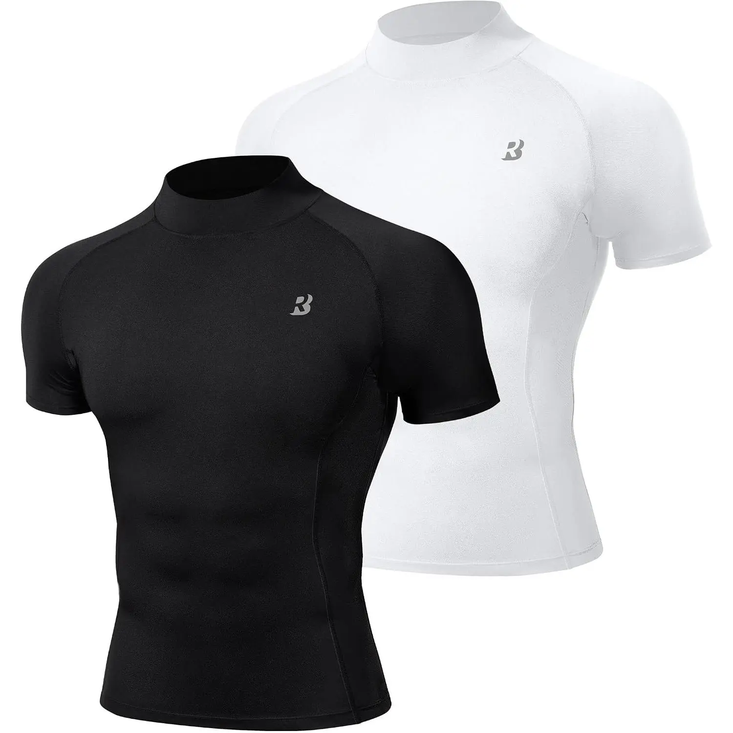 Roadbox 2 Pack Men's Compression Shirt Short Sleeve, Mock Turtleneck Athletic Undershirt, Cool Dry Base Layer Top for Workout