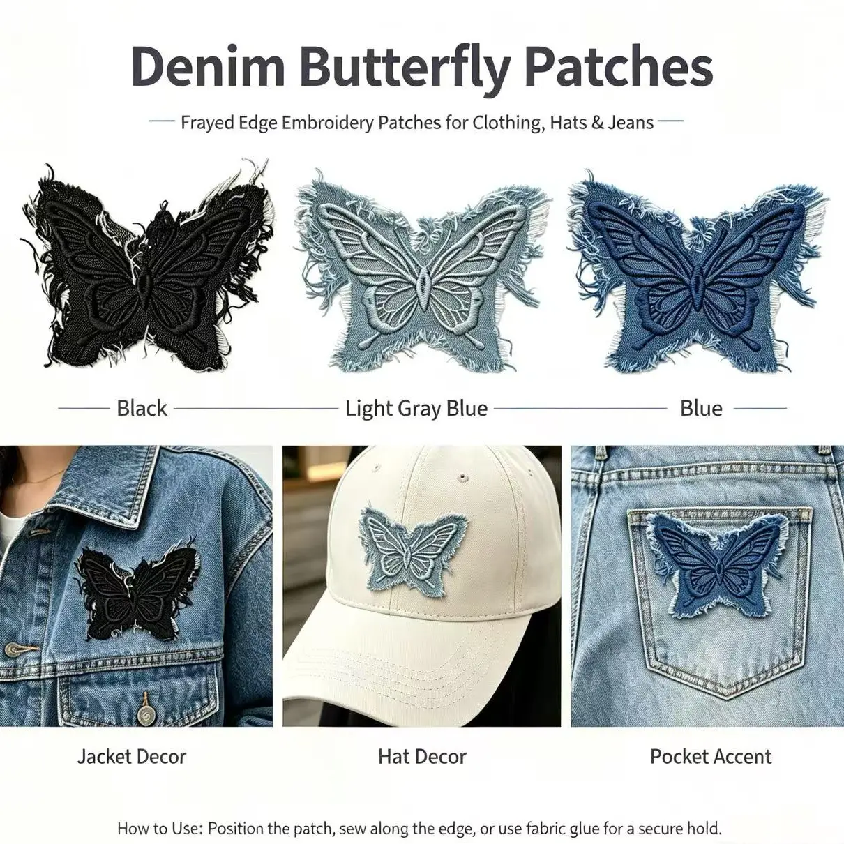 Denim tassel butterfly pattern iron-on embroidery patch - Fun design - Easy to sew or iron, durable fabric badge, suitable for personalizing jackets, bags, and more