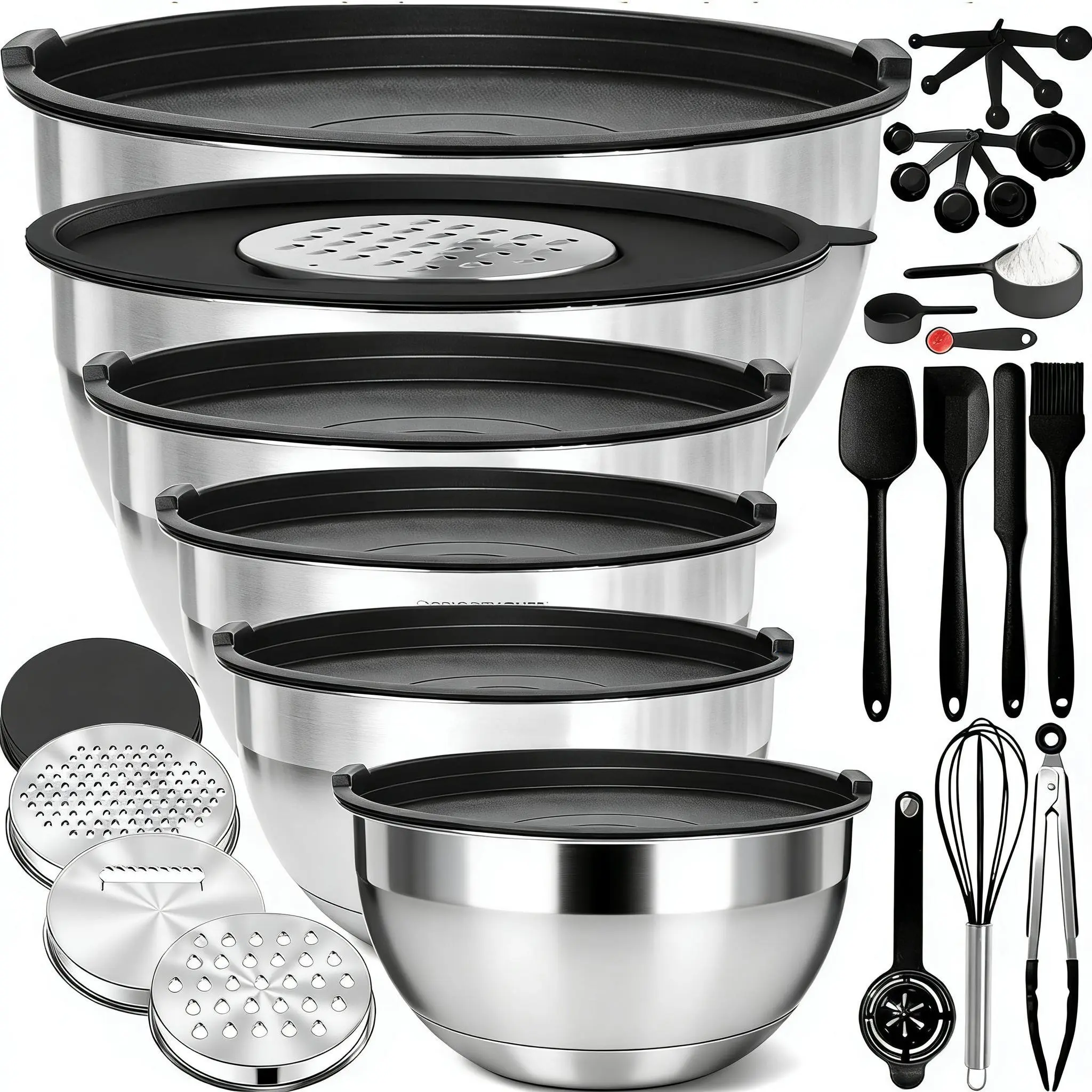 Camp Kitchen 6-Piece Stainless Steel Nesting Salad Bowls Set with Colorful Dustproof Lids, Multi-Spec Large Mixing Bowls, 3 Graters, 8 Bonus Kitchenware Tools for Food Prep & Serving Tableware