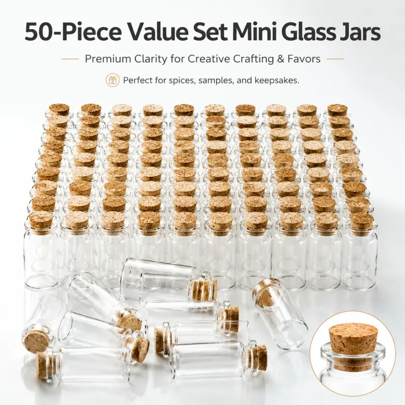 50 pack mini clear glass bottles with natural cork stopper small transparent glass jars for spice sample sand wedding favor diy craft tiny keepsake container