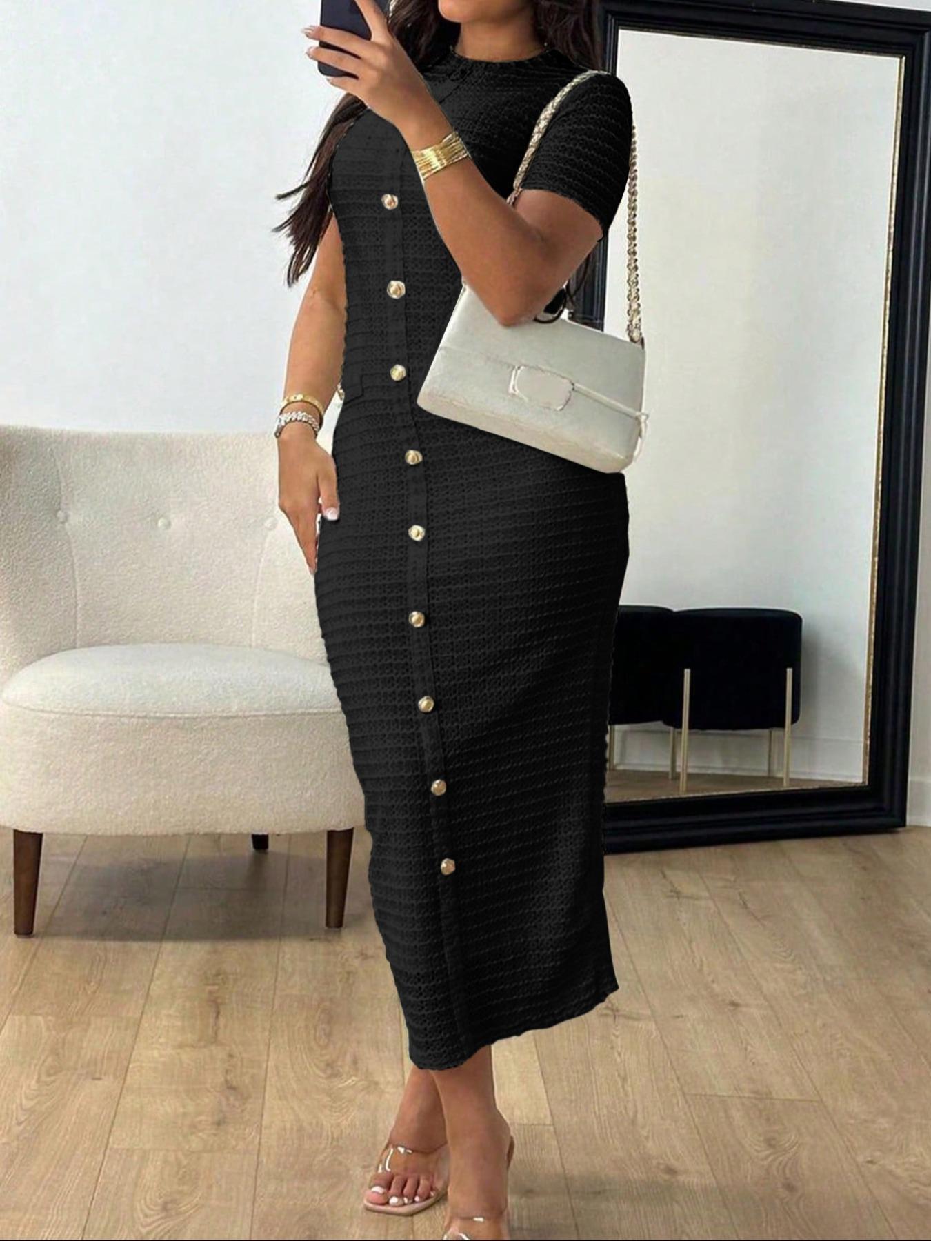 Women's Plain Zipper Back Round Neck Dress, Casual Fake Button Decor Short Sleeve Crew Neck Dress for Daily Wear, Ladies Clothes for All Seasons, Formal Wear